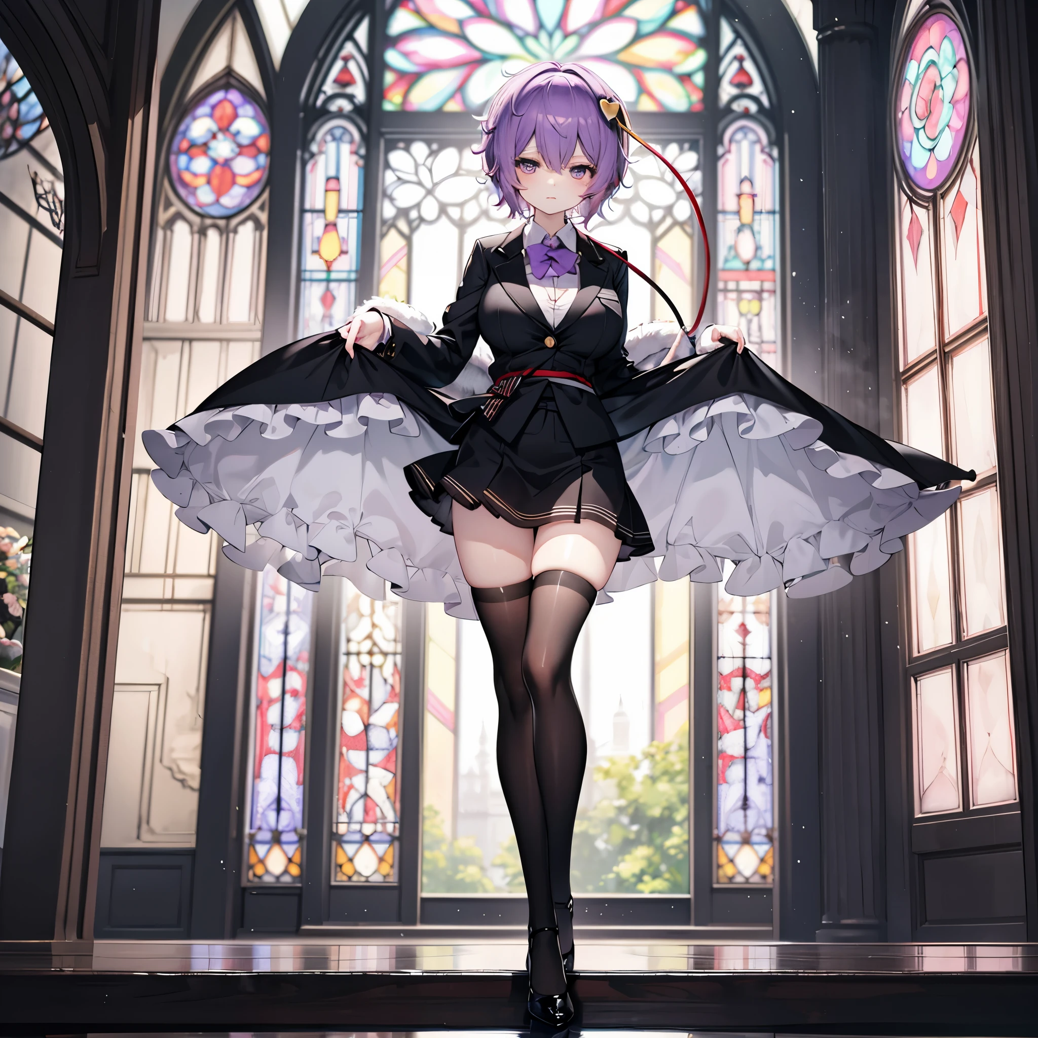 Satori toho character, (solo), standing, stained glass, BREAK, short hair, huge breasts, (inconceivably thin waist), very long legs, BREAK, (black blazer), (black thighhighs), black miniskirt, highheels, purple hart