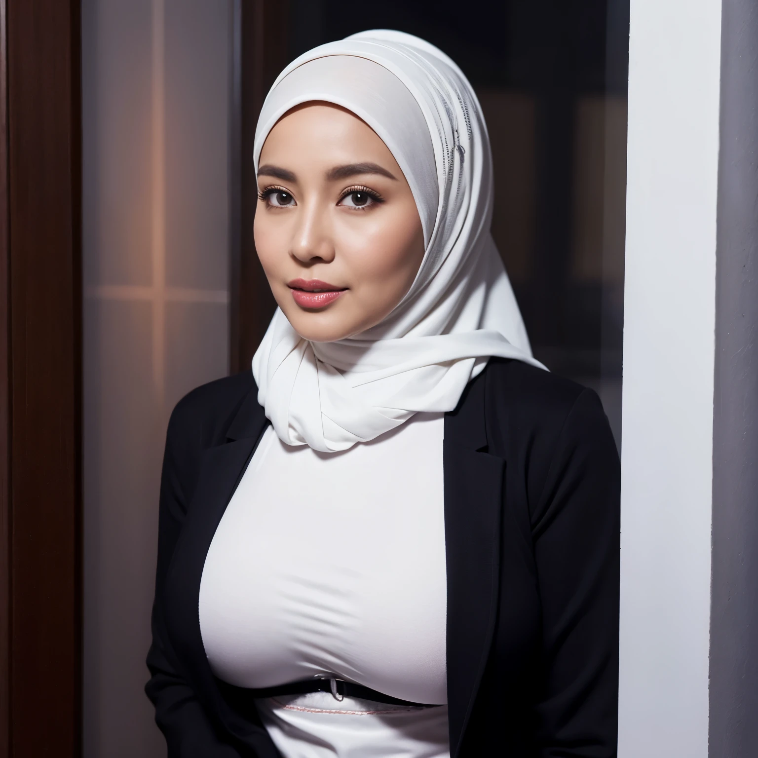 50 years Old, Hijab Indonesian mature woman, Big Tits : 99.9, doctor suit, Tight clothes : 1.9, at doctor office, Dark light, at Nighttime.