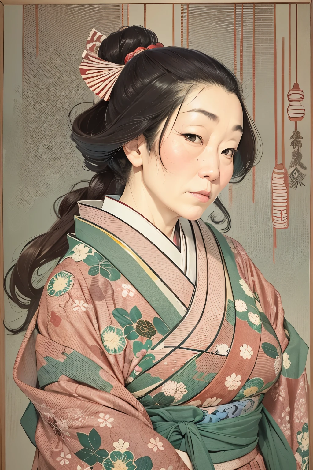 Sharaku,Portrait of a 50-year-old woman,I can see her breasts.,will be placed in the center of the image, Some Japanese effects and decorations scattered throughout the photo