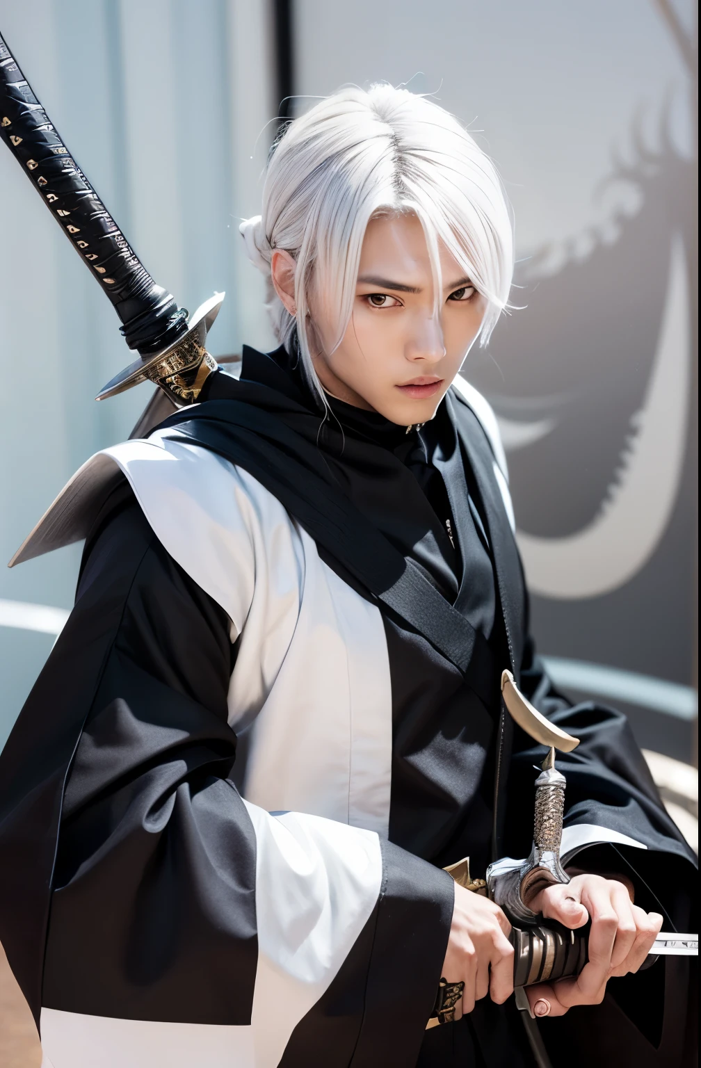A man with white hair and red eyes because he has mini bat wings on his head, because he is a samurai
