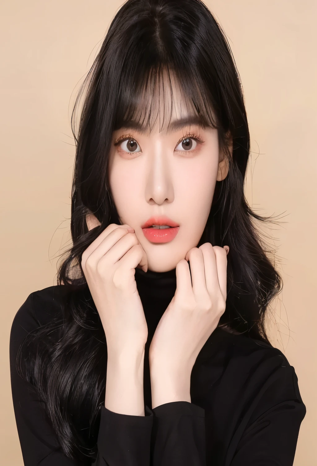 a woman with long black hair and a black turtle neck sweater, gorgeous young korean woman, beautiful young korean woman, beautiful south korean woman, young adorable korean face, popular korean makeup, cute korean actress, lee ji-eun, lee ji - eun, she has black hair with bangs, popular south korean makeup, jinyoung shin, jaeyeon nam, bae suzy