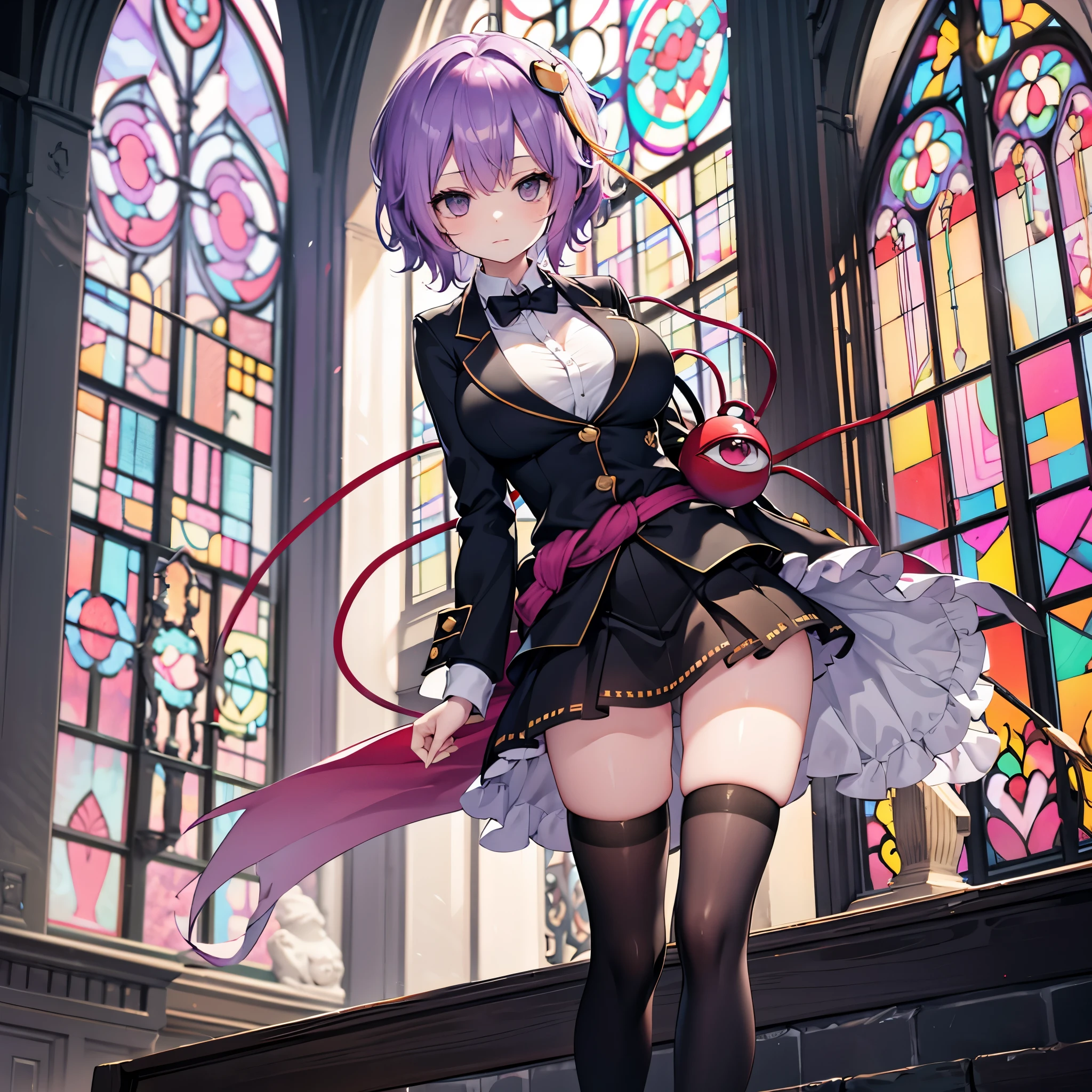 Satori toho character, (solo), standing, stained glass, BREAK, short hair, huge breasts, (inconceivably thin waist), very long legs, BREAK, (black blazer), (black thighhighs), black miniskirt, highheels, purple hart, medal of honor