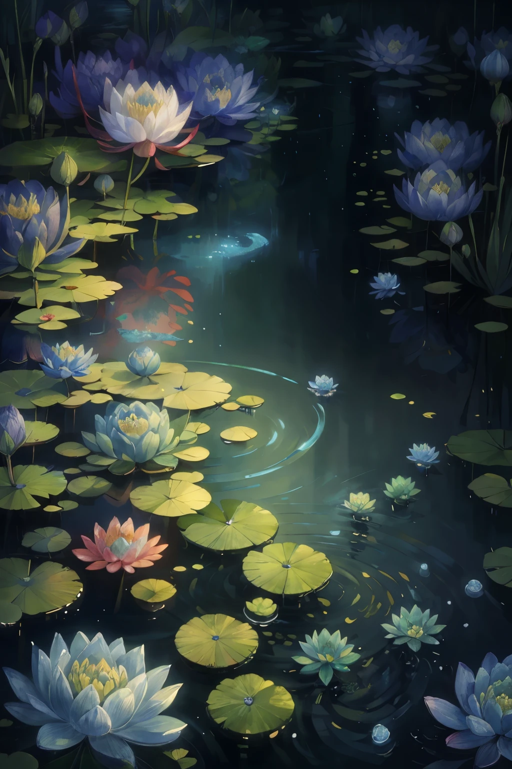 The original，（Enlightenment：1.1），（best quality），（masterpiece：1.1），（Extremely detailed CG Unity 8K wallpapers），（a color：1.2），water lilies，water lilies花瓣，landscape，Rios|purely，