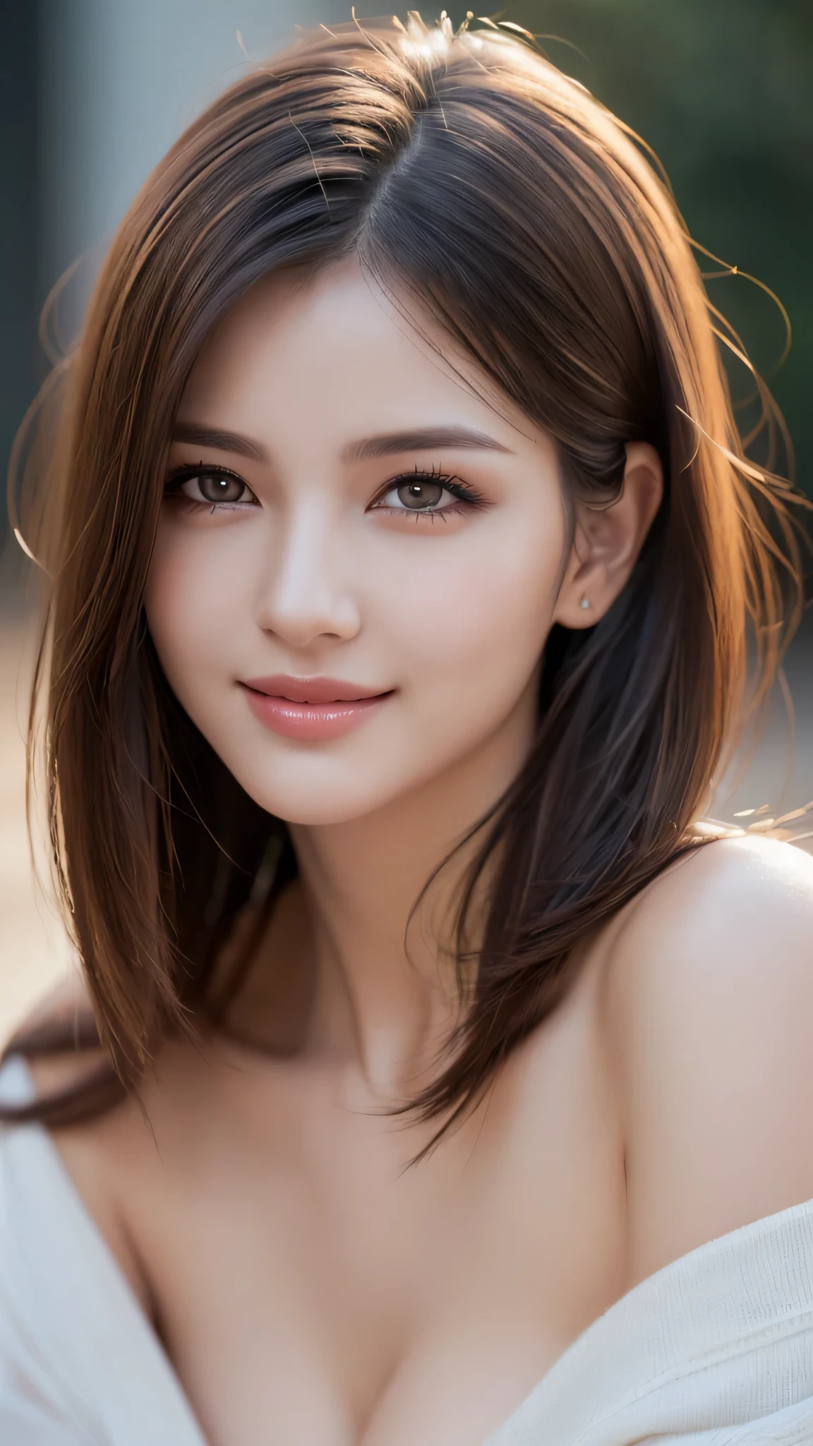 1woman, (Ultra realistic, high res), (highly detailed eyes, highly detailed hair, highly detailed face, highly detailed plump lips), (off shoulder with open breasts), breasts, upper body, caute smile, (best quality:1.4), Raw photo, (realistic, photo-realistic:1.37), professional photography, cinematic light, (fine face: 1.2),