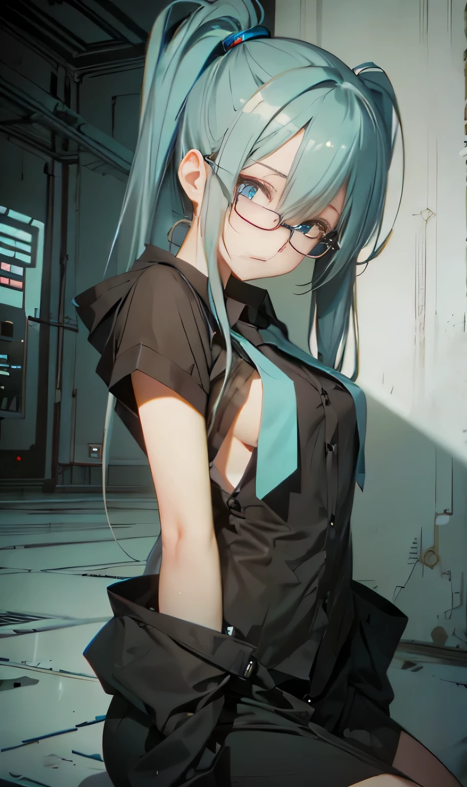 monochrome、Grayscale、piece、messy hair、slovenly、Cross-eyed、drunk、turn around、( stupid / sexual ecstasy)、turn around、Glasses、top quality, lifelike, Super beautiful illustrations, Beautiful charming anime girl, Hatsune Miku, slender figure, tie hair, a girl, 女孩图piece, full-body shot, beautiful blue eyes, turn around,