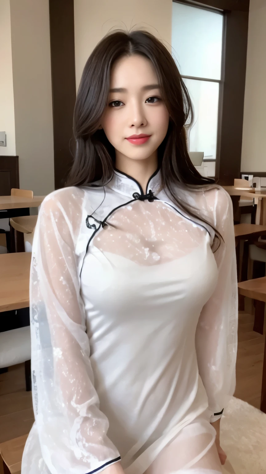 ((top-quality、8k、masterpiece:1.3))、Beautiful woman with perfect body:1.4、slim abdomen:1.2、Longhair, normal breast, Highly detailed facial and skin texture, A detailed eye, delicate eyes, double eyelid, (smile), (full body shot), ((restaurant)), (sitting on chair), (((wearing white cheongsam 1.1))), looking in front