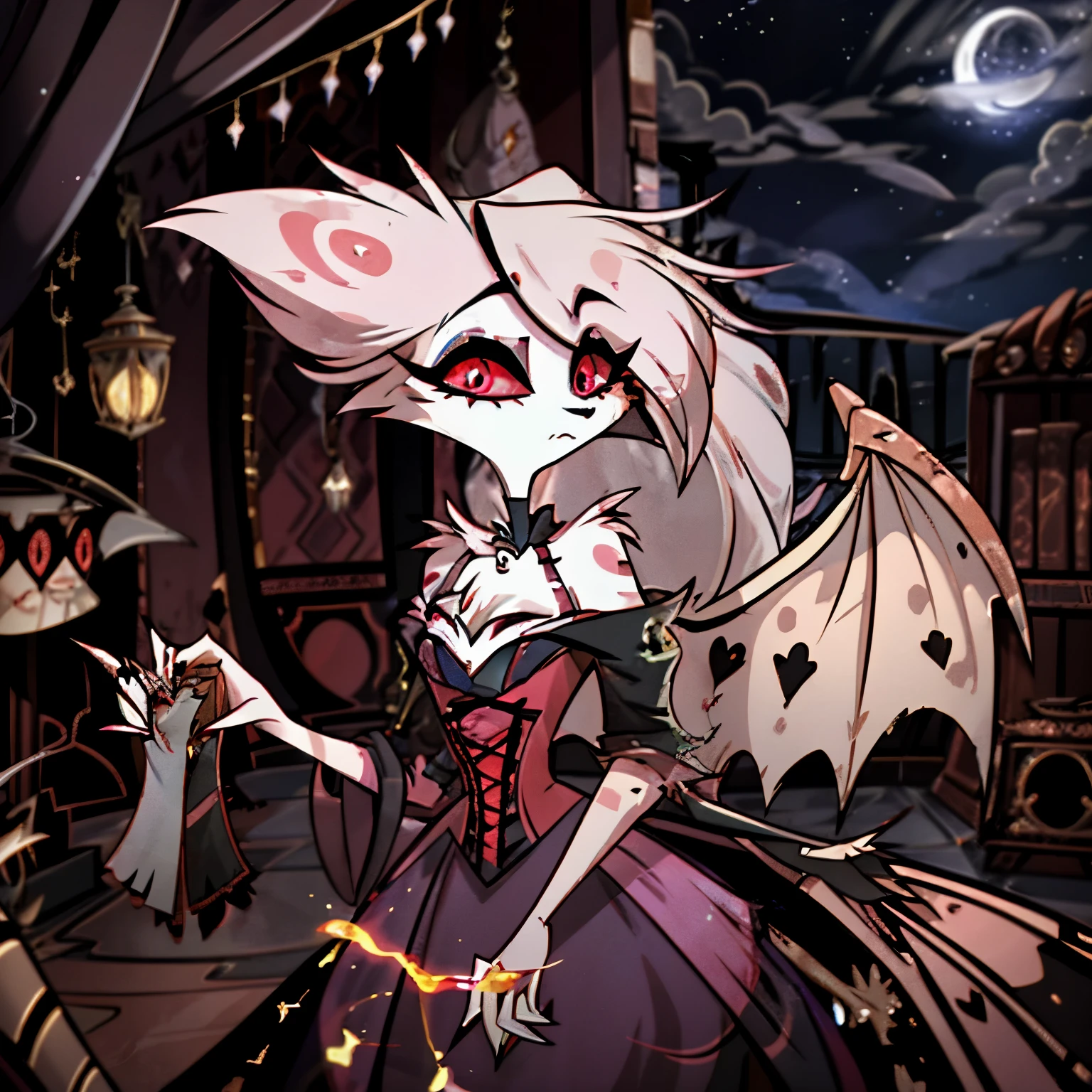 In the Hazbin Hotel & Helluva Boss universe, a feminine bat demon inspired by Fluttershy captivates with her ethereal charm. With bat-like wings and a delicate yet mysterious appearance, she wears a white 18th-century bustle dress, combining innocence with dark allure. Against a backdrop of swirling mist and moonlit skies, her enchanting presence is amplified, casting an otherworldly glow that adds a touch of magic to the vibrant world of Hazbin Hotel & Helluva Boss.