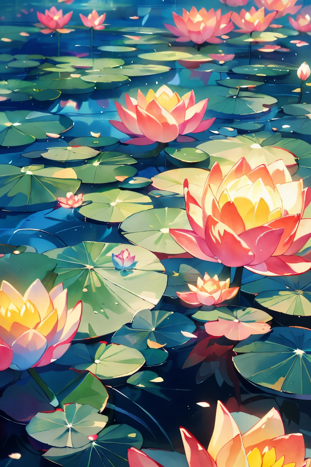 (best quality,highres,masterpiece:1.1),ultra-detailed,CG rendering,8K wallpaper,(vivid colors:1.2),water lilies,delicate petals,landscape,reflection