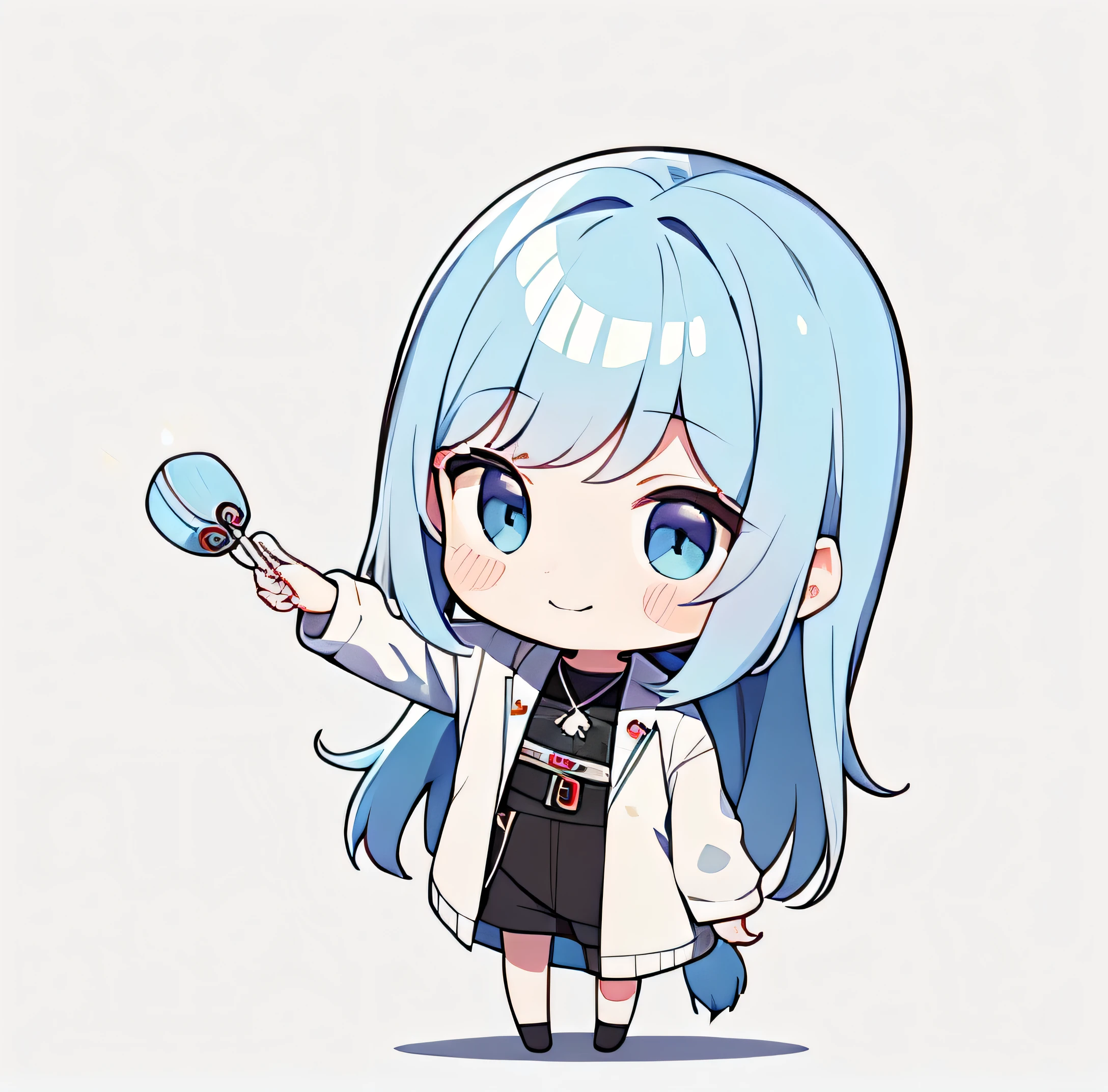 超A high resolution, nffsw, Best aesthetic, Best Quality, masutepiece, Flat Avatar, Perfect litthing、(colourfull、vivd colour: 1.4)、do not change poses, Running,Has black and light blue hair, is man, A smile, hair adornments, Chibi, Light blue jacket、simple background, 耳环, jewely, side locks, large oval eyes,Flat Avatar, simple background,do not change poses