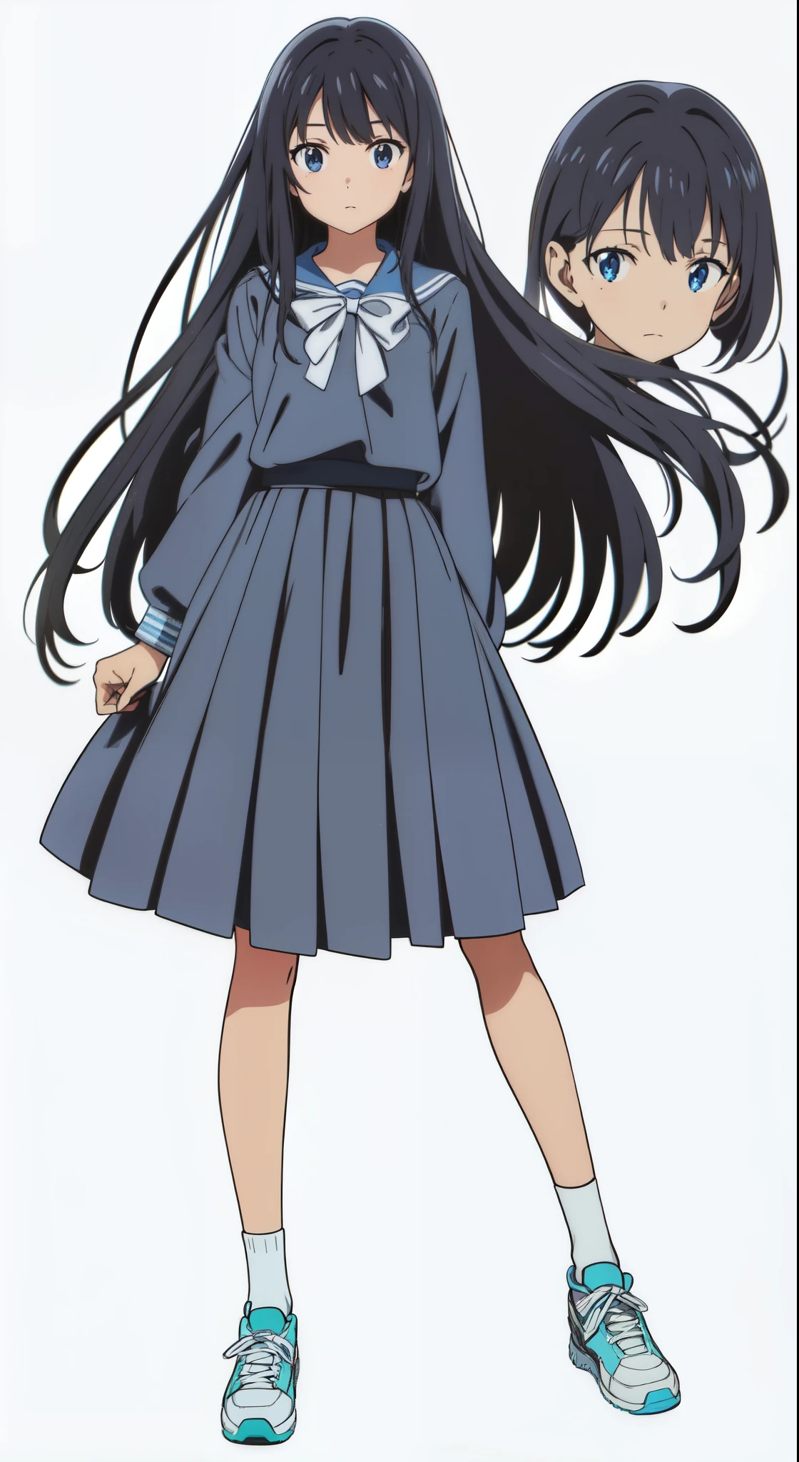 (tareme:1.0), (looking at viewer:1.0), (white background:1.0), (best quality:1.0), (masterpiece:1.0), (super fine illustration:1.0), (beautiful artwork:1.0), (anime:1.0), (official art:1.0), (full body:1.0), (solo:1.0), (a 15yo cute girl:1.0), (long skirt:1.0), (dark blue skirt:1.0), (pleated skirt:1.0), (dark blue sailor uniform:1.0), (long sleeve sailor uniform:1.0), (sneakers:1.0), (white socks:1.0), (ideal ratio body proportions:1.0), (lanky:1.0), (tall:1.0), (slender:1.0), (small breasts:1.0), (smaller face:1.0), (tareme:1.0), (detailed beautiful eyes:1.0), (detailed beautiful face:1.0), (glowing black eyes:1.0), (medium hair:1.0), (black hair:1.0), (standing:1.0), (looking at viewer:1.0)