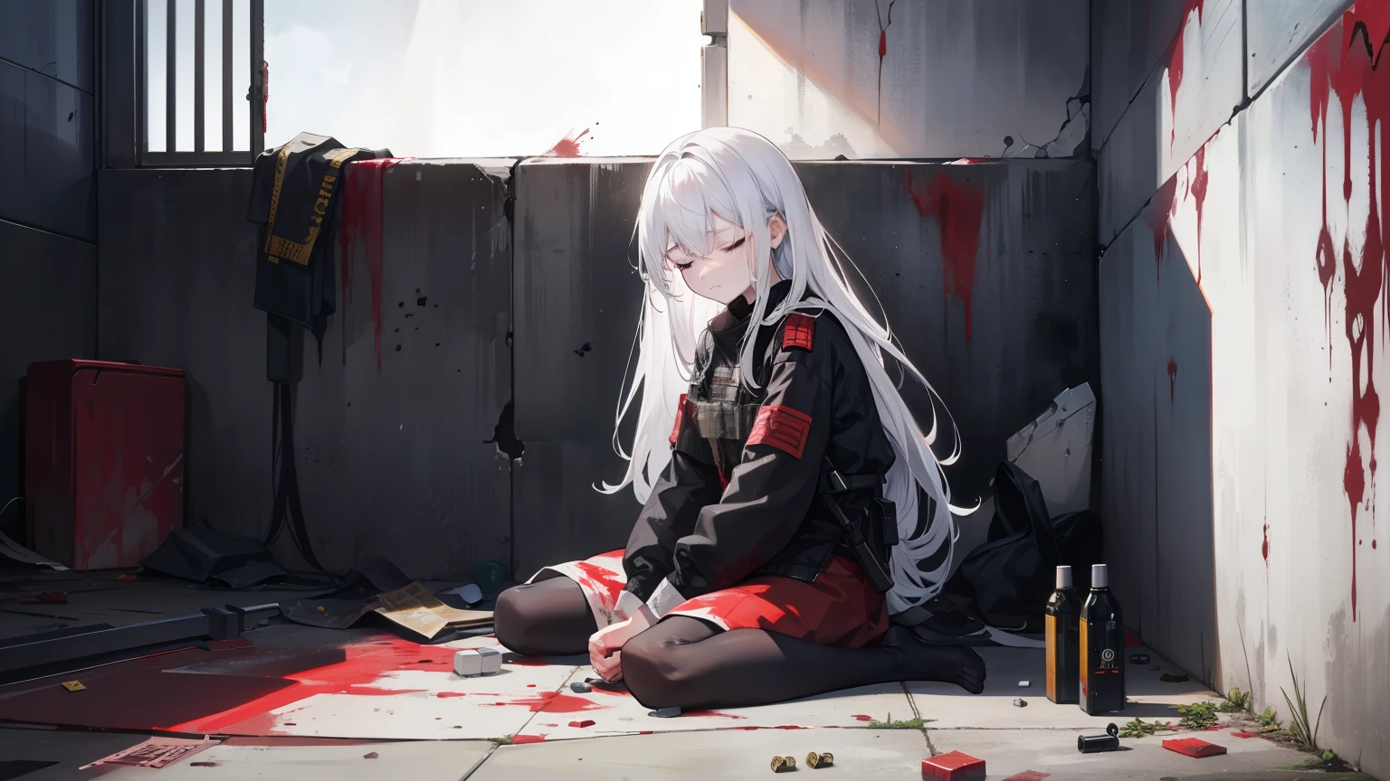 Two dimensions,in the room,close eyes,painful injured girl,Sit on the ground against the wall,There are scars on the body,long white hair,There is blood on the ground,blood stains,Weapon gun dropped on the ground,close eyes,Lots of blood,shed tears,Expression of pain,The weapon fell to the ground beside him.,Bullet casings scattered around,fell while fighting,Surrounded by monster corpses