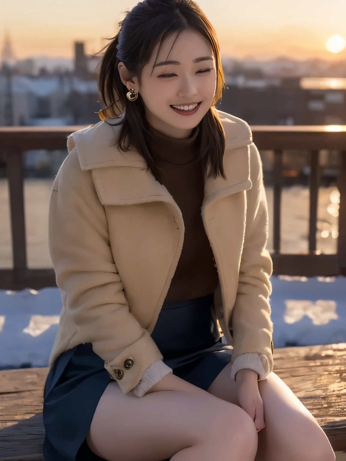 high-definition images, atmospheric perspective, 8k, super detail, accurate, best quality, (various composition), a woman, (winter clothes, jacket, skirt), (shy), looking away, (drooping eyes), sleepy, earrings, spread her legs slightly, crouching, smile, sweat, (dark hour of down, sunset), boots, downtown area), (((her long-skirt lining between her legs))),