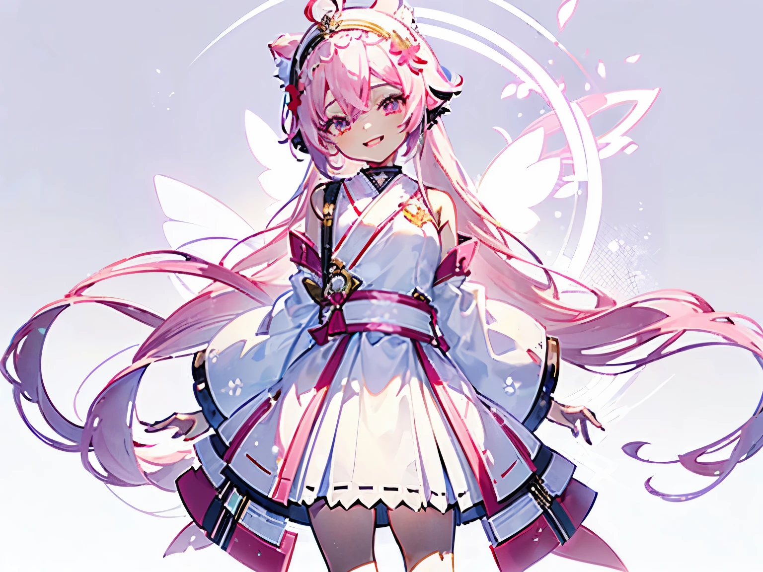 (Vtuber model), frontal, smiling, doesn’t open mouth, (a youth), ((short girl:1.8)), (((white very long hair))), light pink inner color, Japanese style dress, long sleeve, flower hair accessories, fairy clear wings,