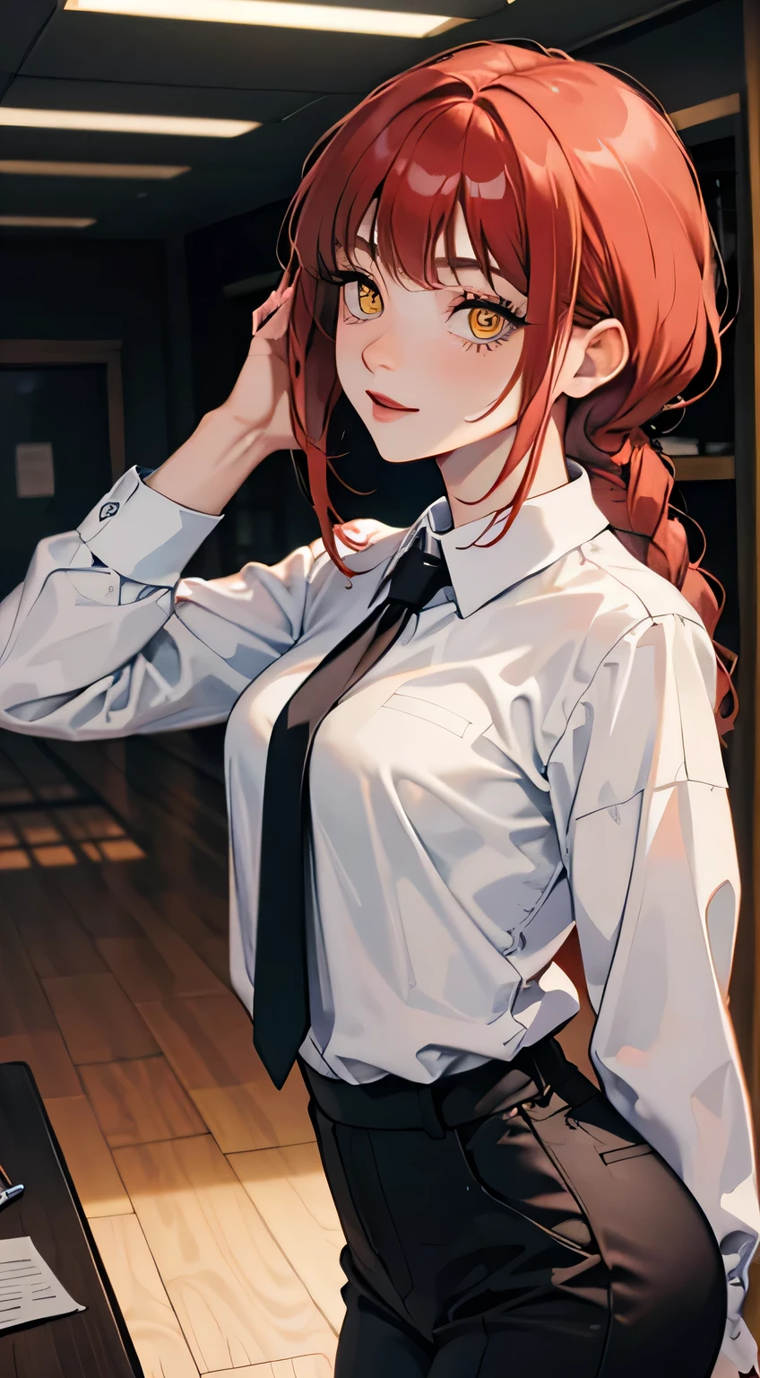 makima, makima, long hair, smile, bangs, (small breasts:1.2), (yellow eyes:1.2), braid, red hair, braided ponytail, ringed eyes, BREAK shirt, long sleeves, white shirt, necktie, collared shirt, pants, black pants, formal, suit, black necktie, shirt tucked in, office lady, BREAK indoors, office, BREAK looking at viewer, BREAK (masterpiece:1.2), best quality, high resolution, unity 8k wallpaper, (illustration:0.8), (beautiful detailed eyes:1.6), extremely detailed face, perfect lighting, extremely detailed CG, (perfect hands, perfect anatomy),

