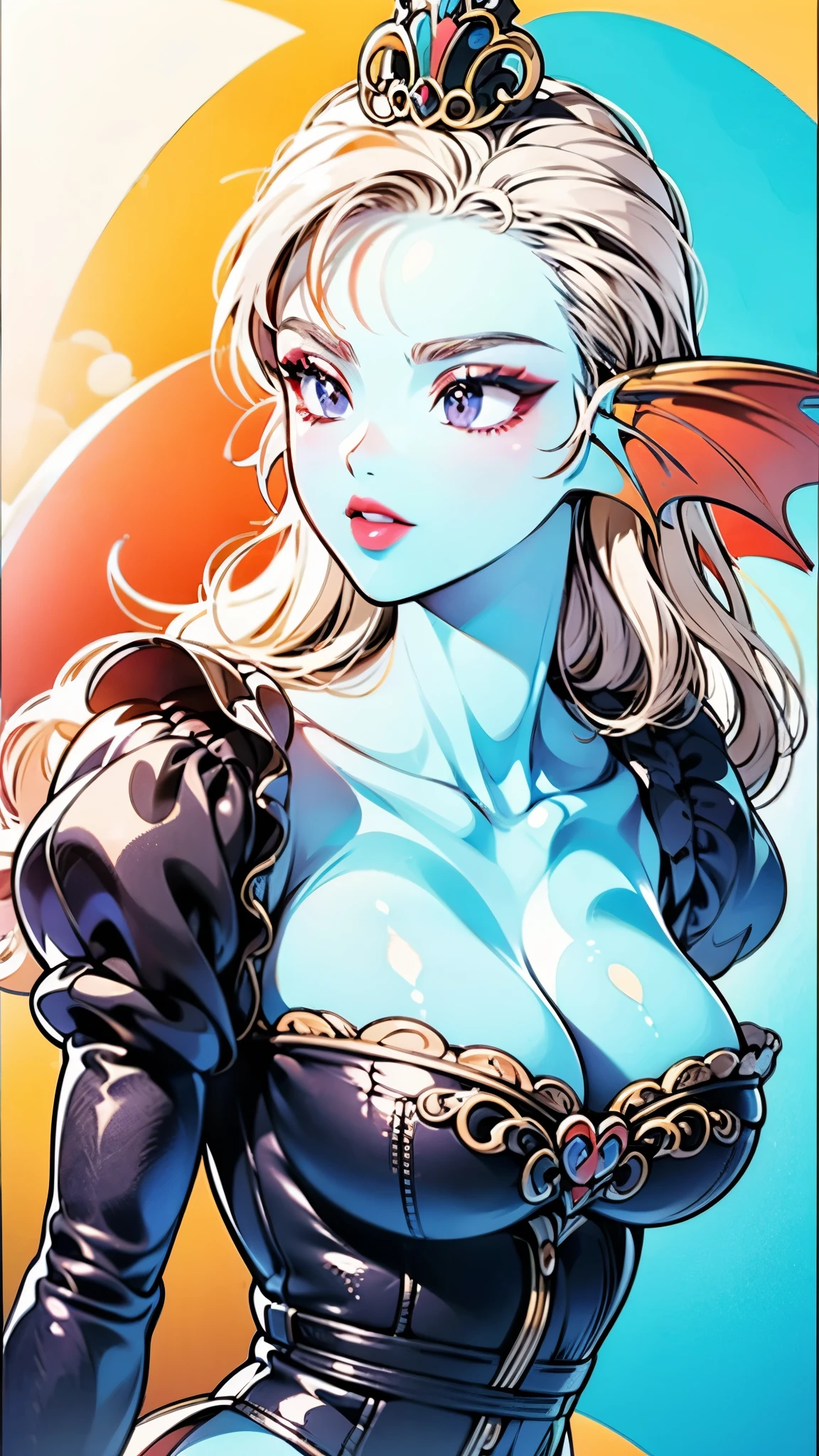 Must Piece, (Solo: 1.1), Perfect Face, (Bright Lighting: 1.2), beautiful eyes, beautifully detailed face, perfect lighting, absolutely necessary for the piece, top quality, () 30 year old female, 1 on 1, red lips, provocative, lips, lipstick, red lips, lips bold, 8K, high quality, animation, clean, beautiful, bright, eyeshighlights,purple eyes,beautiful line drawing. Blue skin, blue and orange gradient ear fins, ear fins shaped, dark facial makeup, only head depicted, simple background, white hair color,