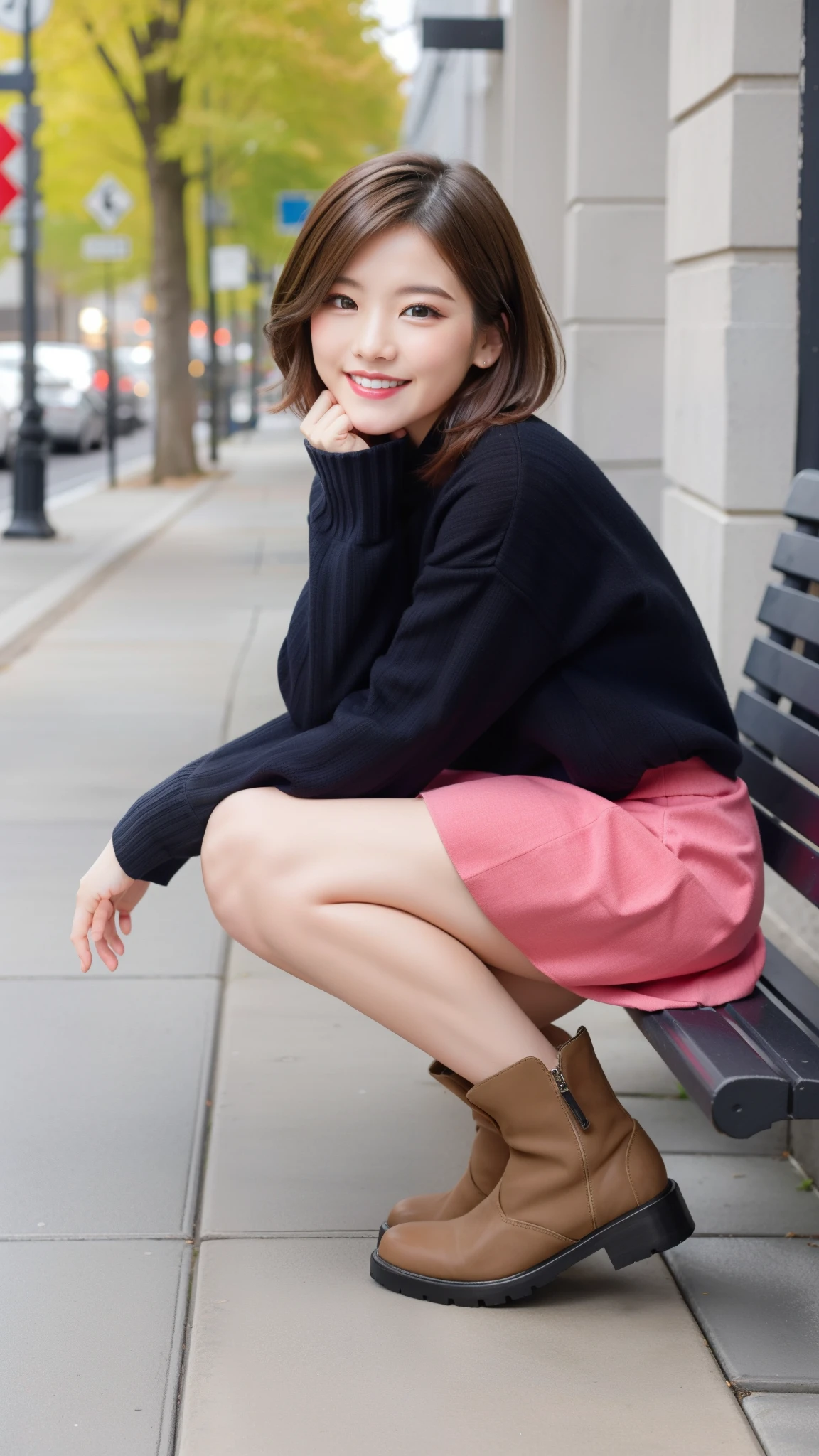 Photo taken by a professional photographer,laughter:1.5,Close-up of a woman squatting on the sidewalk, wearing a sweater, Short-cut brown hair, hair is disheveled,young and cute girl, Wearing a super super mini flared skirt:1.5,Wear stylish boots,sit on a park bench:1.5,Fancy makeup with red eyeshadow,