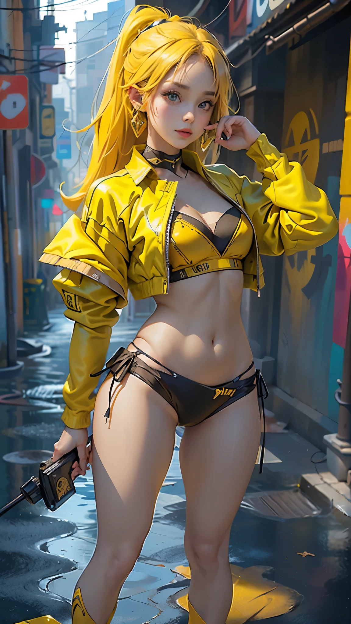(La mejor calidad,A high resolution,Ultra - detallado,actual),Ariana Grande en bikini amarillo sexy, beautiful buttocks, (bikini de una pieza yellow :1.4) ,( alley background water on ground splash) ,( ciberpunk 2.1), (hermosos ojos azules), ,More detailed 8K.motor irreal:1.4,UHD,La mejor calidad:1.4, fotorrealista:1.4, textura de la piel:1.4, obra maestra:1.8,obra-prima, mejor calidad,objeto Objeto], (detailed face features:1.3), (pose vaquero), ( dedos detallados), pose medio cuerpo , (perfec anatomy), realistic 2.1,