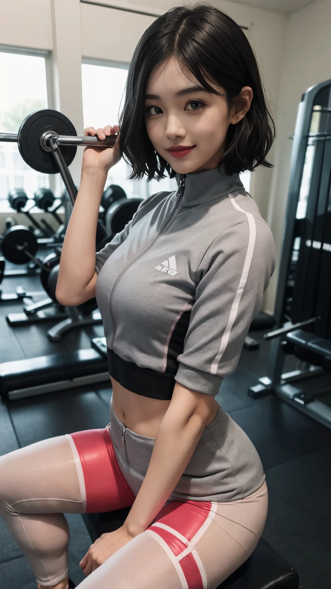 Shooting boyish short hair、(((huge :1.5、Gray tights tracksuit、Sports gym、power rack、see whole body)))、a smile、small head、Bangs、Cheese、short curly hair、small head、pale pink lips、smile smile、a sexy