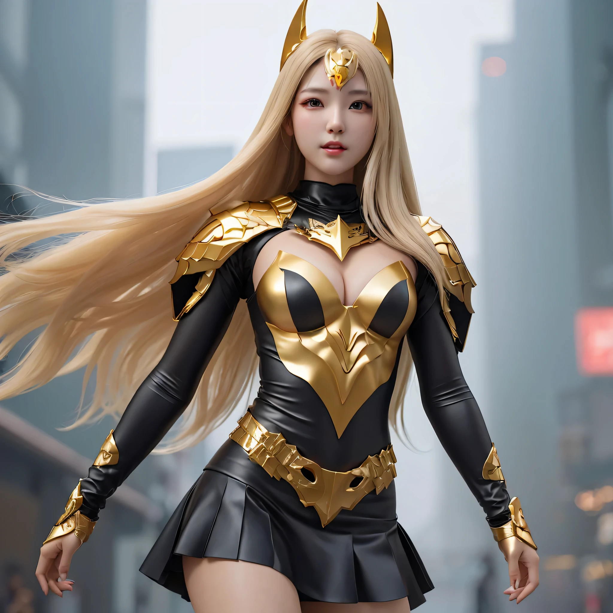 Beautiful and happy korea girl in a black and gold costume walking down a street, 3 d render character art 8 k, 8k artgerm bokeh, ruan jia and artgerm, ig model | artgerm, unreal engine render saint seiya, ross tran 8 k, unreal engine render + a goddess, by ruan jia and stanley artgerm