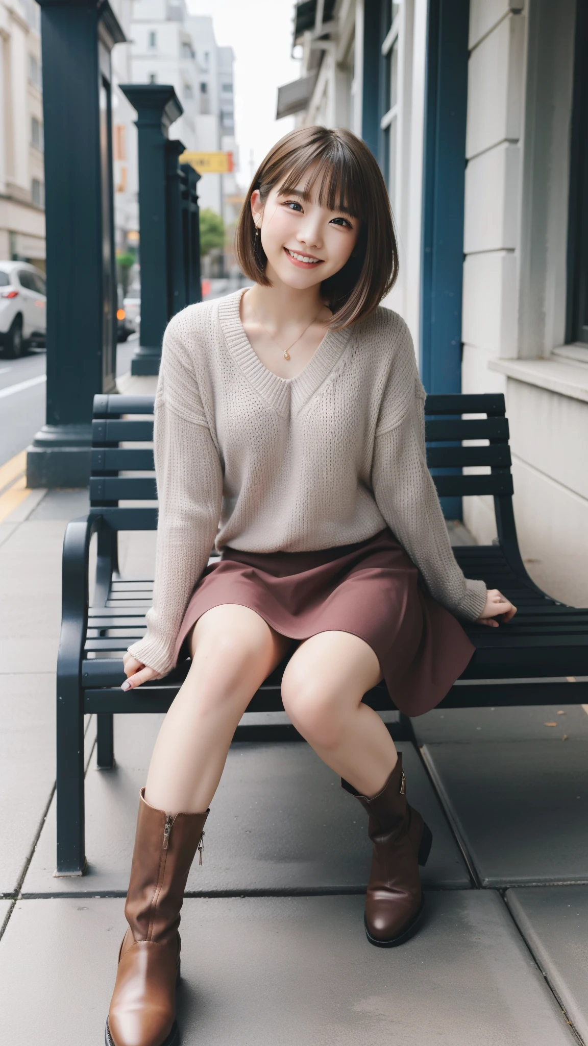 Photo taken by a professional photographer,laughter:1.5,Close-up of a woman squatting on the sidewalk, wearing a sweater, Short-cut brown hair, hair is disheveled,young and cute girl, Wearing a super super mini flared skirt:1.5,Wear stylish boots,sit on a park bench:1.5,Fancy makeup with red eyeshadow,Beautiful thighs are visible,