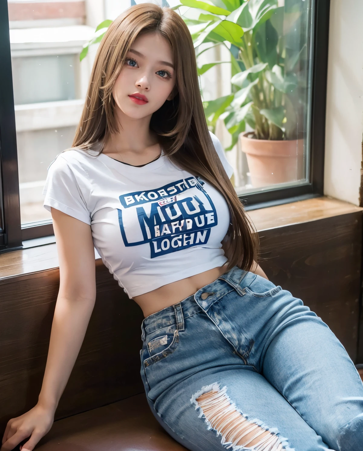 1girl, Blue eyes, (smile), (Sana Minatozaki), (tight t-shirt :1.3), (ripped jeans :1.2), bright makeup, (wide hips :1.3), Big , (big ass), (Best Quality, 8k, Masterpiece: 1.3), perfect hands, Clear Focus: 1.2, Perfect Body Beauty: 1.4, Highly detailed face and skin texture, detailed eyes, double eyelids, red lips, (brown long straight hair :1.3), (sitting), in a japanese town