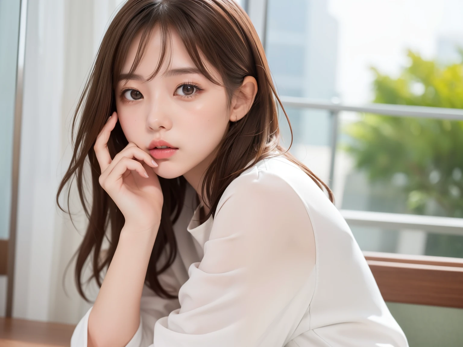 Highest Quality, ​masterpiece, unbelievably beautiful, very delicate 8k wallpaper, Transcendently Beautiful Girl, girl watching tv on the sofa, japanese, 20 year old,  sexy pajamas, wariza,Cute and very detailed eyes, Cherry-heart-shaped lips, ((room at night)), ((dark light)), dark ilumination, Detailed eyes, detailed facial features, detailed arms, Detailed fingers, Detailed legs