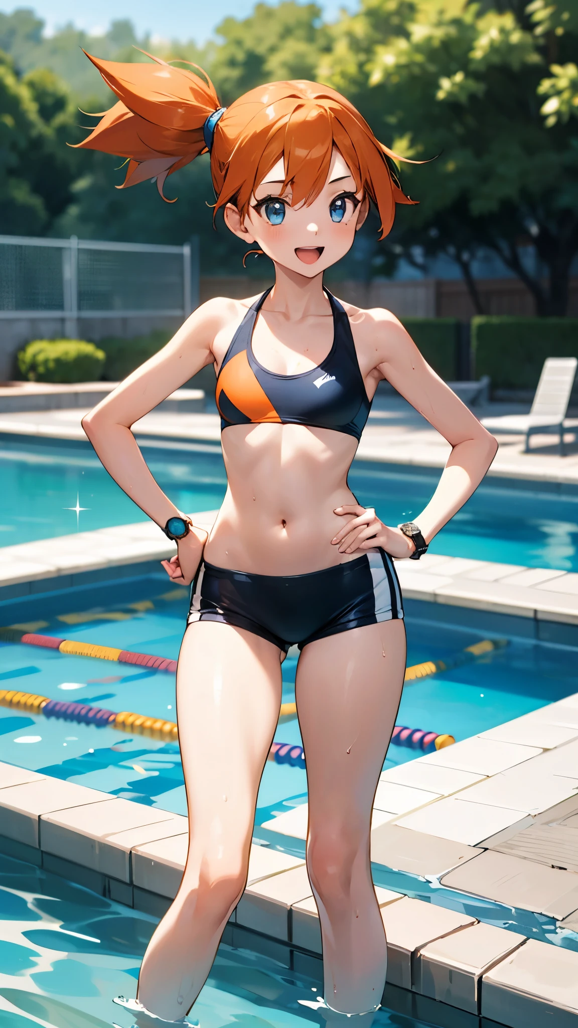 1 girl, masterpiece, best quality, highres, ro1, Misty from pokemon, hair bun, blue eyes, bikini top, blue bicycle shorts, small ponytail on the side, wristwatch, standing, hand on hip, smile, open mouth, (sparkle:1.1), orange hair, medium breasts, 3/4 body view, outdoors, swimming pool