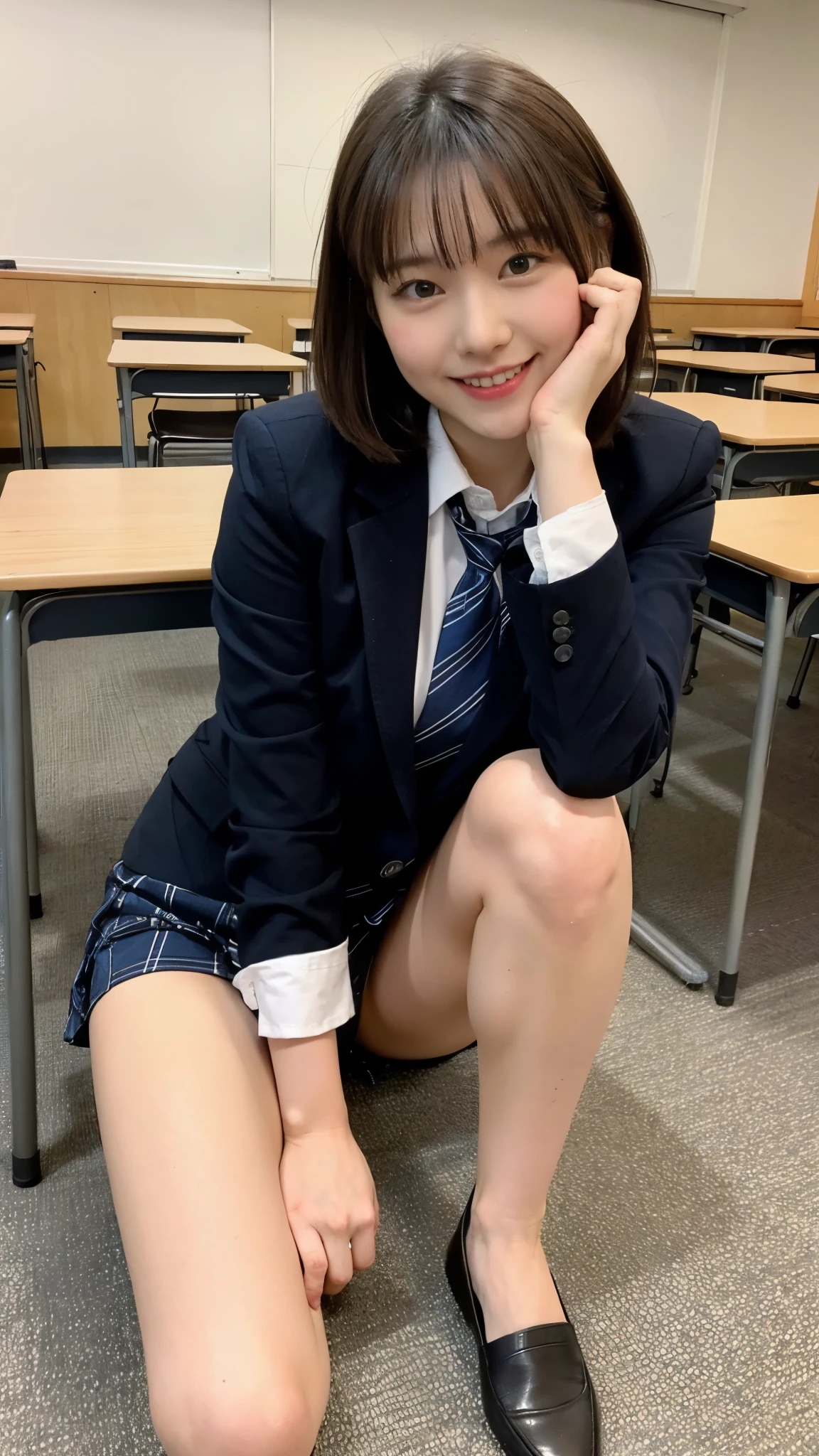 学校の教室に立つ1人のpretty girl,Red Tie Uniform,Dark Blue Closed Blazer,blue plaid miniskirt,18-year-old,Brown hair short cut with side waves,best smile,thighs,knees,random pose,pretty girl,slender girl,I'm sitting on a desk in the classroom with my legs apart.,My skin is beautiful,wear black loafers,natural makeup,The skirt is turned up a little,The skirt is short and you can see white panties,