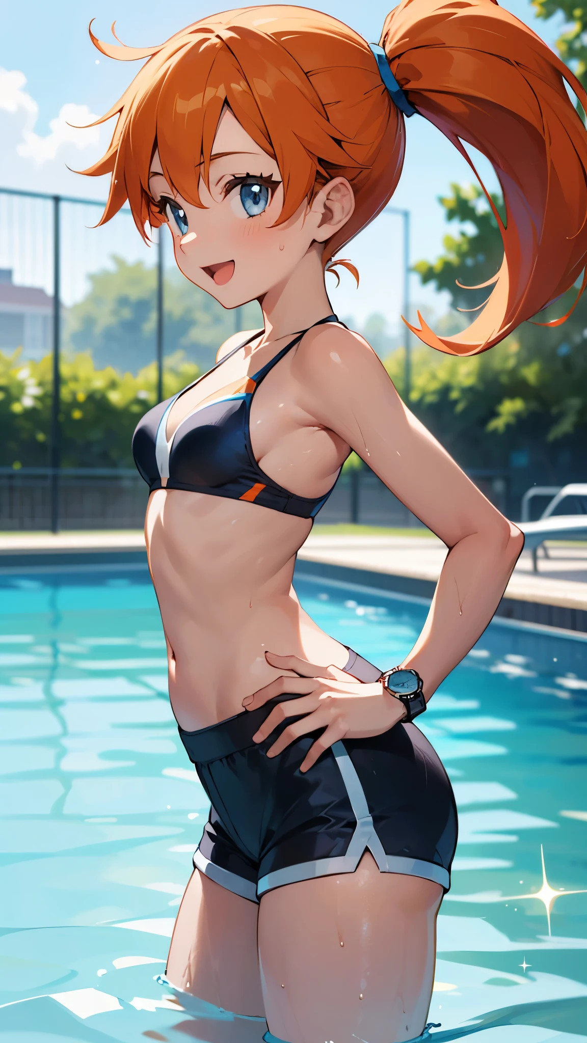 1 girl, masterpiece, best quality, highres, ro1, Misty from pokemon, hair bun, blue eyes, bikini top, blue bicycle shorts, small ponytail on the side, wristwatch, standing, hand on hip, smile, open mouth, (sparkle:1.1), orange hair, medium breasts, 3/4 body view, outdoors, swimming pool