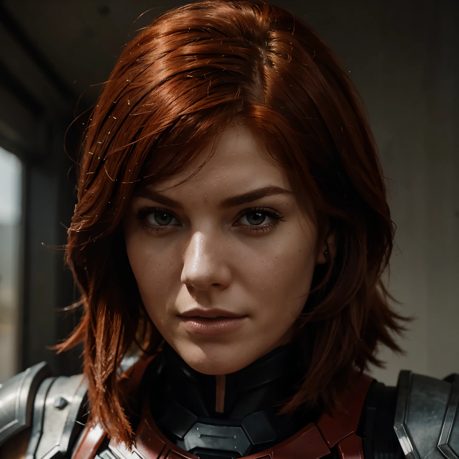 Red head femshep, sexy armor, up close portrait