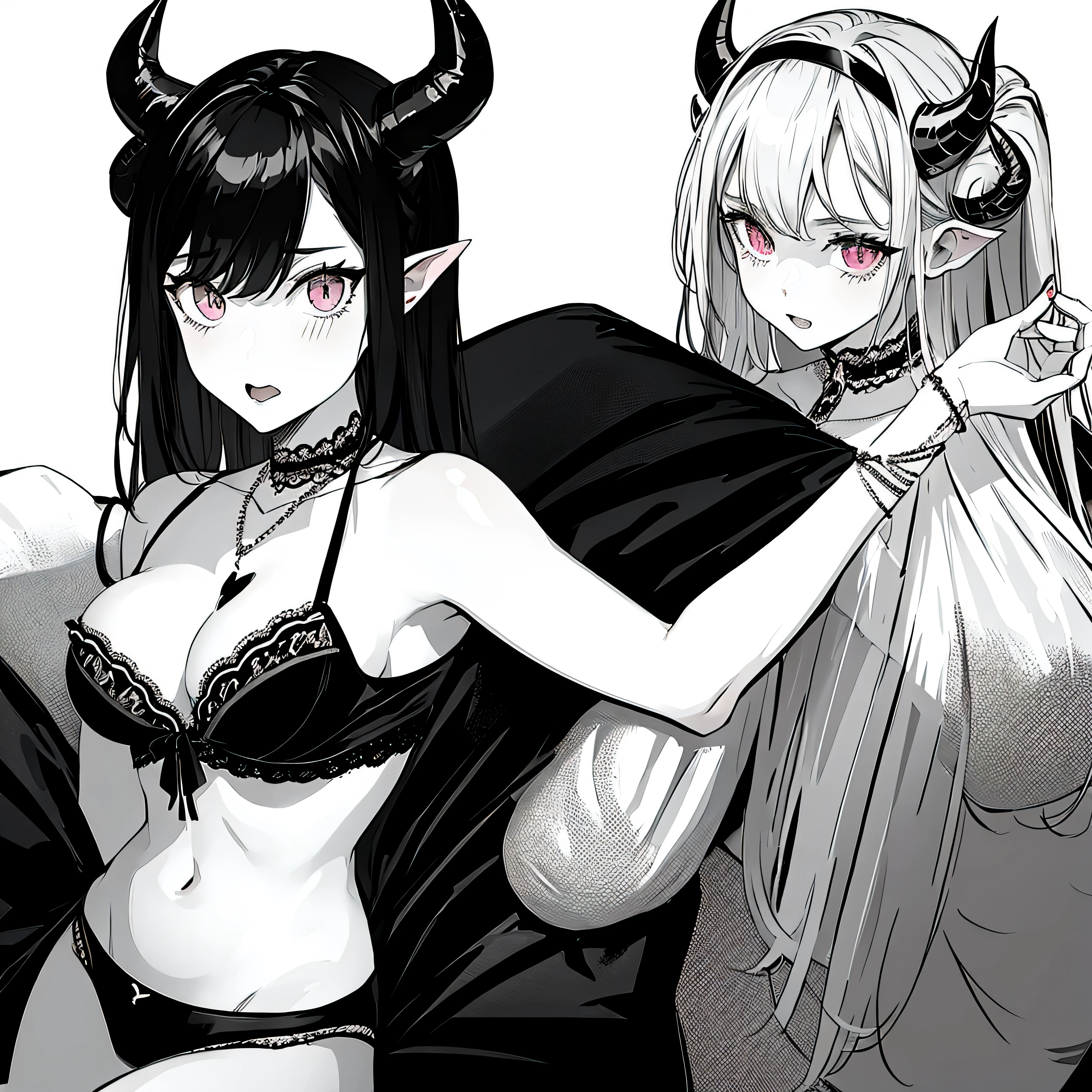 make a portrait of a sexy devil horned girl with in underwear, make her so sexy and horny that guys get a heartattackt, ed eyes, in black and white colors