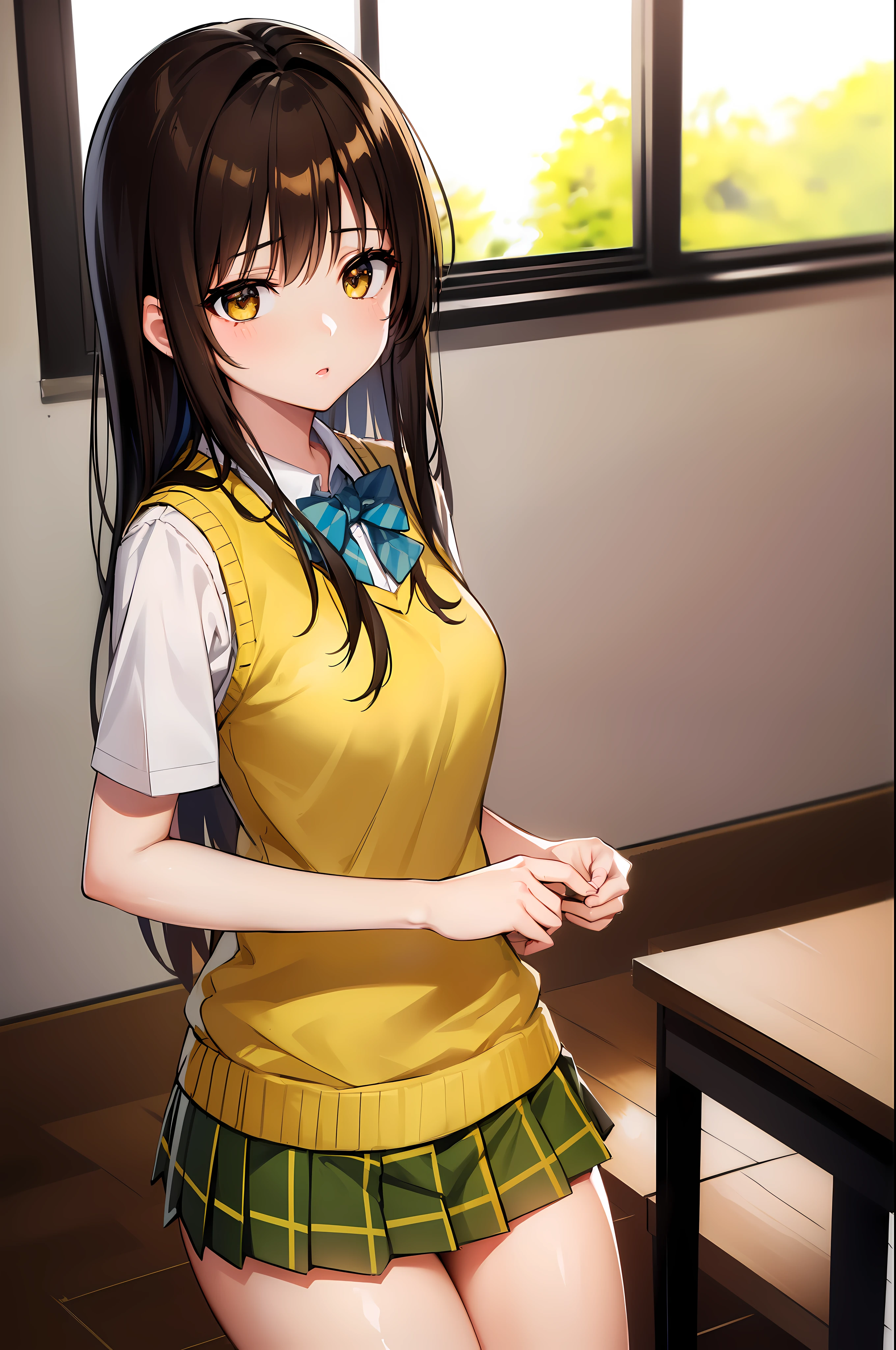 Kotegawa Yui, Yuikote River, black hair, (brown eyes:1.5), long hair, 1 woman, alone , (milf)
green skirt, plaid, plaid skirt, sainan high uniform, uniform, skirt, sweater vest, (yellow sweater:1.3), Short sleeves,
looking at viewer,
inside, classroom,
 (masterpiece:1.2), best quality, high resolution, unity 8k wallpaper, (illustration:0.8), (beautiful and delicate eyes:1.6), very detailed face, perfect lighting, Highly detailed CG, (perfect hands, complete anatomy),