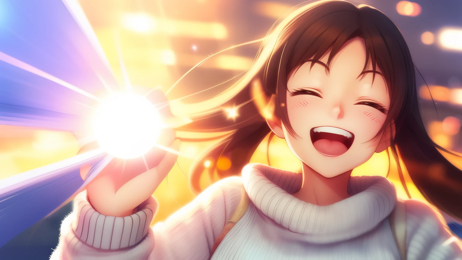 ((best quality)), ((masterpiece)), (detailed), perfect face, a girl, cosy sweater on, upper body, (huge Laughing:1.1), (open mouth:1.1), (wide open eyes:1.2), sun glare, bokeh, depth of field, blurry background, light particles, strong wind, (heart particles:1.1)