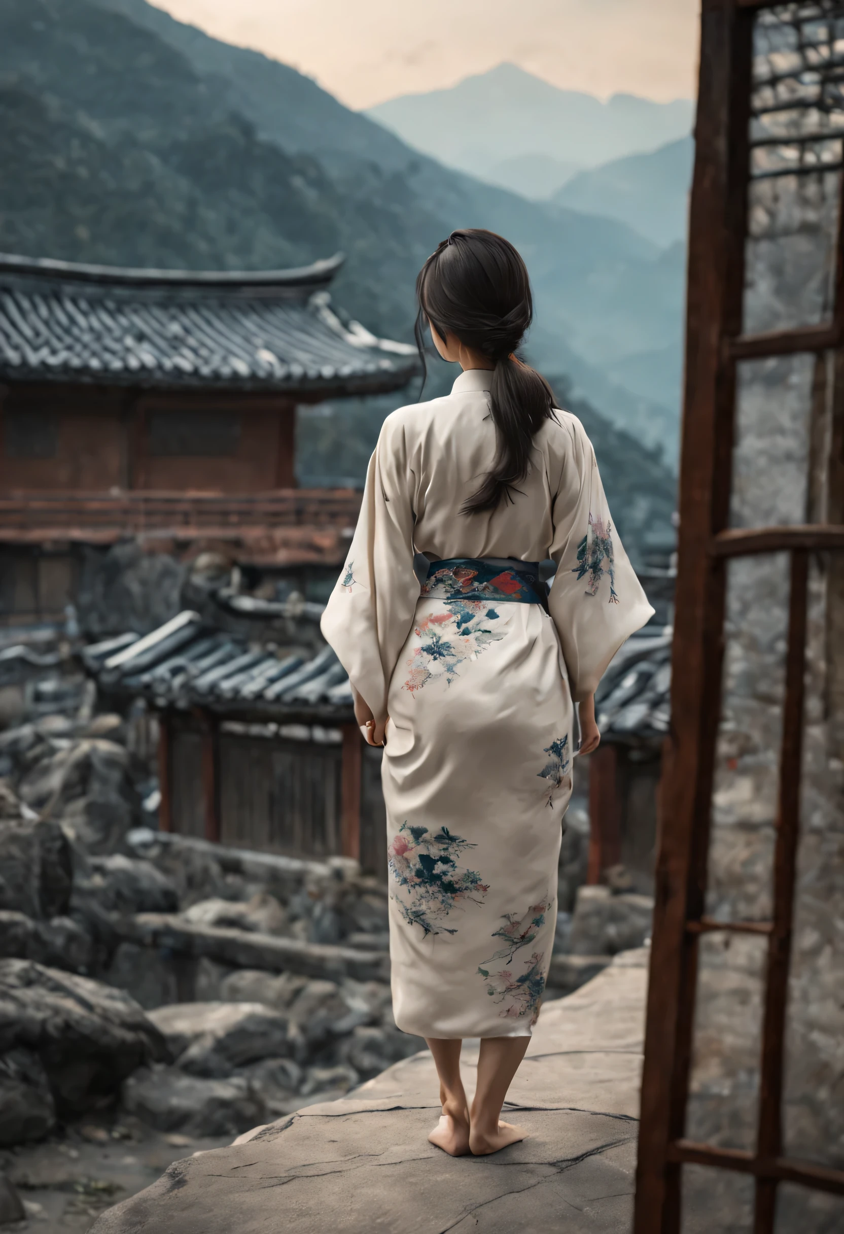 1girl,japanese girl wear a long kimono on a mountain from behind view, ((naked legs)), long hair tail , looking down a chinese village, (smoke), (ultra realistic),cinematic, (far view:1.4)