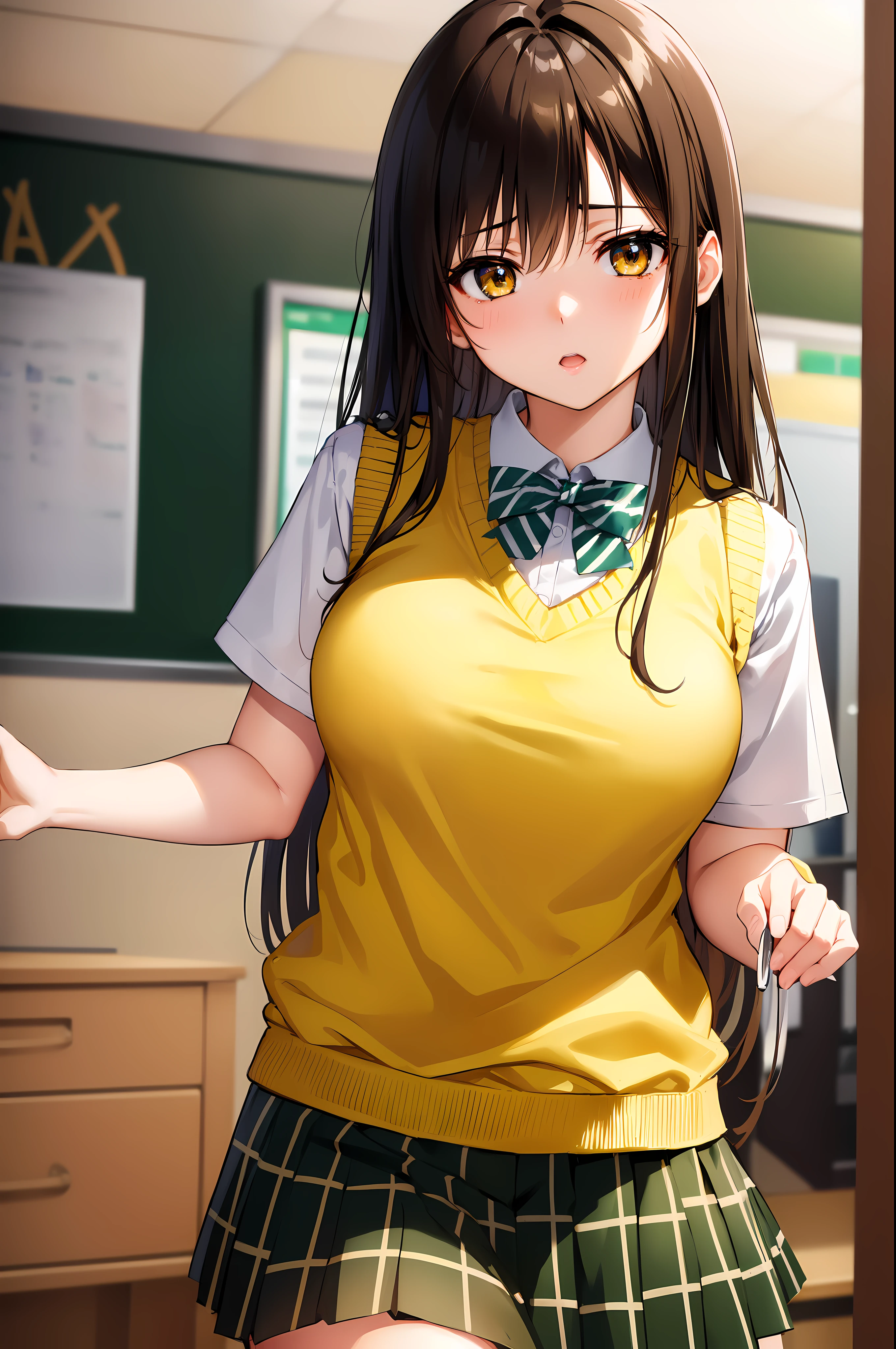 Kotegawa Yui, Yuikote River, black hair, (brown eyes:1.5), long hair, 1 woman, alone , (milf)
green skirt, plaid, plaid skirt, sainan high uniform, uniform, skirt, sweater vest, (yellow sweater:1.3), Short sleeves,
looking at viewer,
inside, classroom,
 (masterpiece:1.2), best quality, high resolution, unity 8k wallpaper, (illustration:0.8), (beautiful and delicate eyes:1.6), very detailed face, perfect lighting, Highly detailed CG, (perfect hands, complete anatomy),