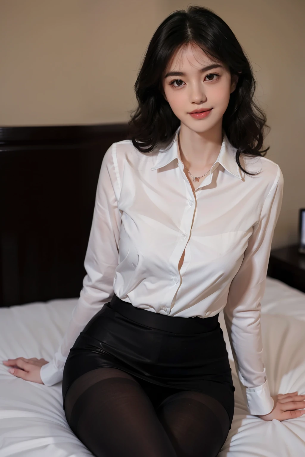 (anatomically correct:1.5),(best quality:1.5),(delicate face:1.1), (pretty face:1.1), slim figure, office lady,Office wear,black coat,Collared white shirt,long black hair,(curls:1.2),(long legs:1.05),(black_pantyhose:1.2),Lovely,(Smile:0.8),(blush:1.1),sitting on bed