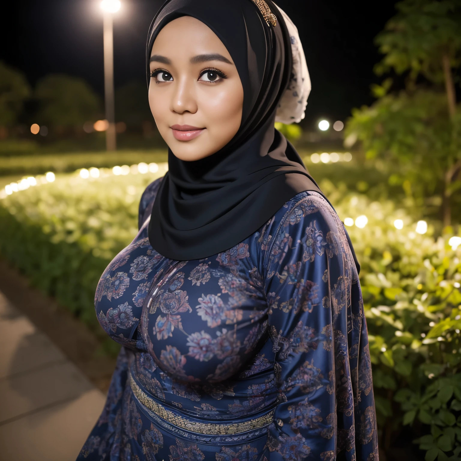 ((54 Years old)), ((Indonesian Beauty mature Mother)), ((wearing Hijab)), perfect curvy body, natural Huge breast : 42.9, gorgeous eyes, Soft smile, Lace Gamis, ((Diamond heart Necklace)), Nightime walk, City garden, Excellent lighting, Dark colors, Clean lines, 128MP, Canon EOS 250D, 300dpi F2.