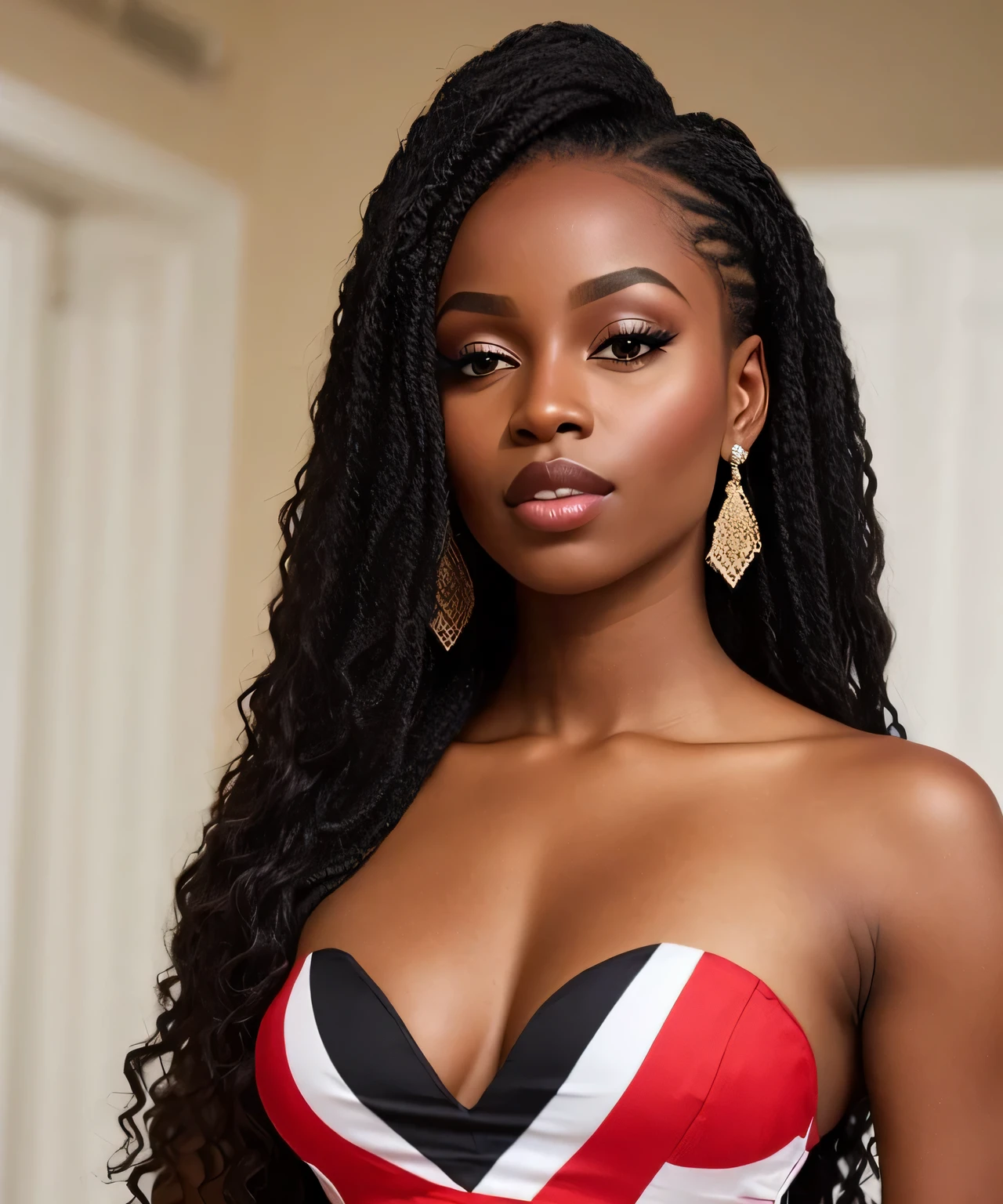 crear una hermosa mujer negra de melanina , Llevando la bandera de Inglaterra tan elegante como un vestido largo y fluido.,detalles delicados, maquillaje impecable peinados impecables,fotorrealista