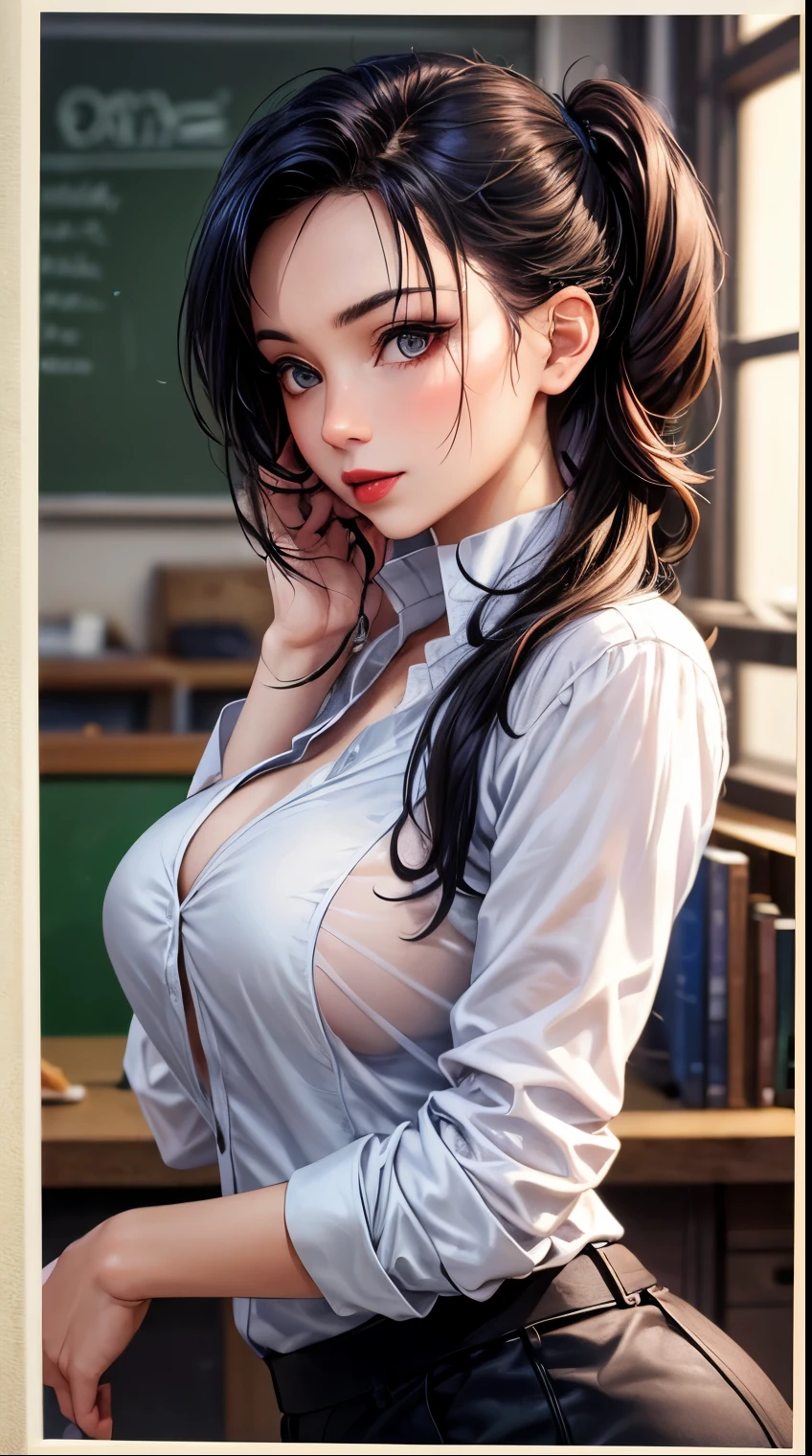 Dreadlocks hair woman, dark blue hair, sexy school teacher in a classroom, red lips, black skirt, dressed like Lara Croft, wide shot, --style realistic-imagine --auto --s2-imagine