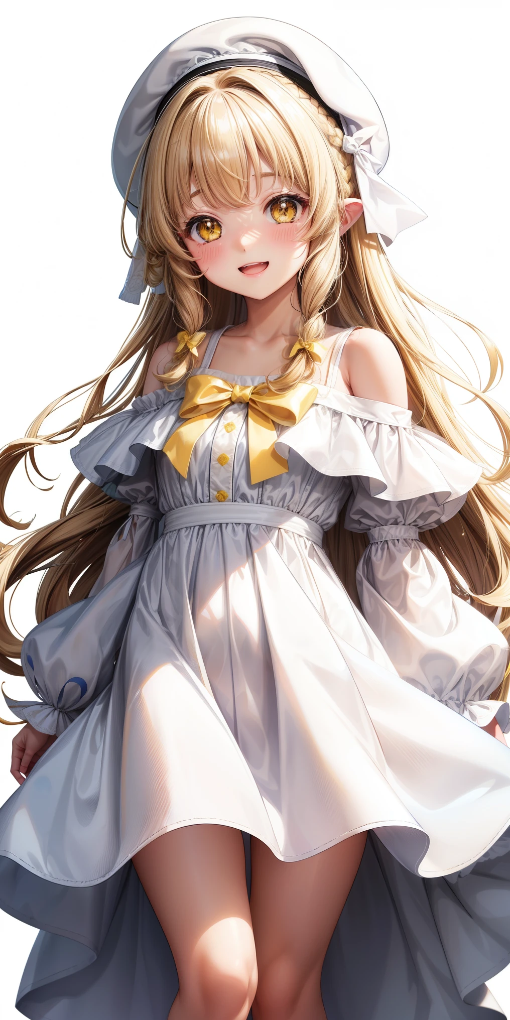 girl、white background、no background、カールしたlong hair、long hair、curly hair、Contrasting bangs、blonde、Yellow-brown hair、Eyes are sparkling、highlight、white off shoulder dress、white long dress、Hide legs、a large ribbon on the head、beret、All are displayed、blush、smile、cute、no background