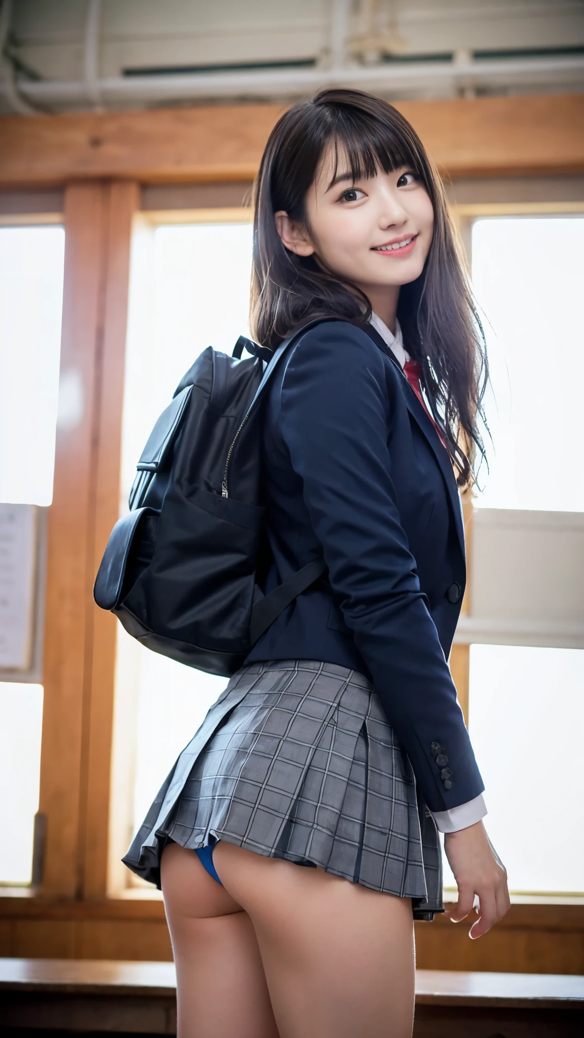 Stand in the classroom of school2fashi-girl,red tie uniform,Dark Blue Closed Blazer,Blue plaid mini skirt,18-year-old,bangs,a little smile,thighs,knees,from below,random pose,pretty girl,slender girl,white panties,blonde with short cut,Side waves with a short cut,Carrying a black rucksack,