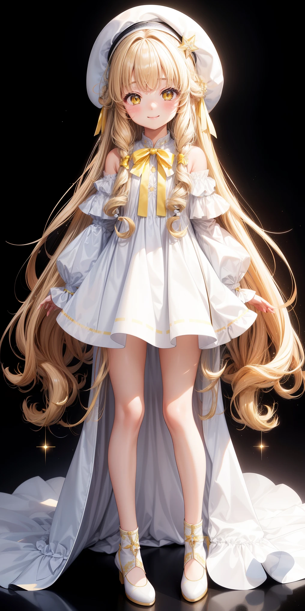 girl、white background、no background、カールしたlong hair、long hair、curly hair、Contrasting bangs、blonde、Yellow-brown hair、Eyes are sparkling、highlight、white off shoulder dress、white long dress、Hide legs、a large ribbon on the head、beret、All are displayed、blush、smile、cute、no background