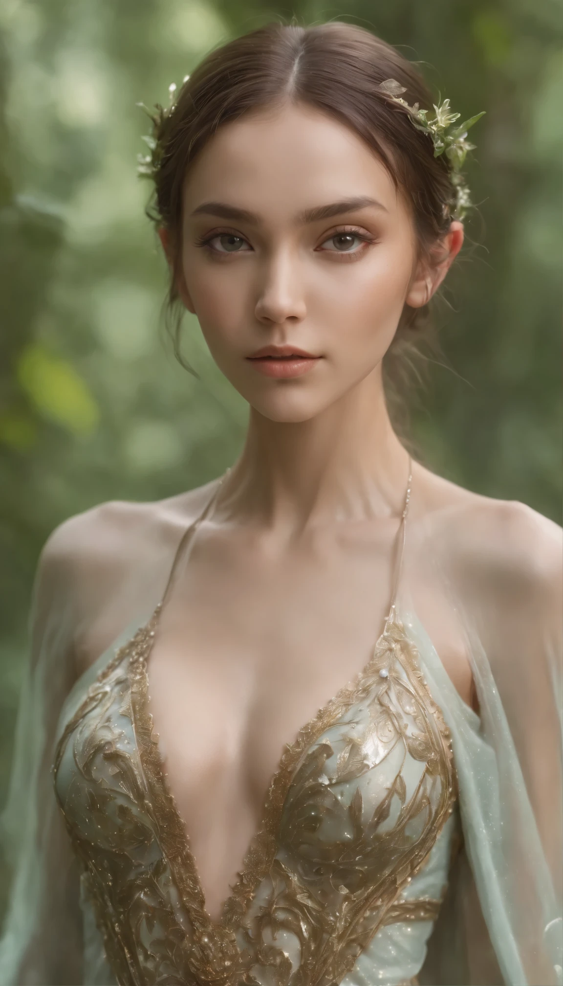 Russian girl,best quality ,Obra-Prima Multicolora, Ultra high resolution,Tanned brown skin ,Beautiful figure, cybernetic goddess Russian model ,Surrealism, Similar to A Dream, Fusion Art, A mysterious Thai elf resembling a human being., An ethereal magic elf , Sonho dos elfos humanoid , cybernetic magic, Shadow pitch, Elf spells, crystal, Amazing details, Indigenous Futurism,Sweating,Long-sleeved dress, opening up to the navel. ,Wet with sweat,queen,forest tribe,Take off your clothes and reveal your chest.,The suit was wet and very thin.,Wet