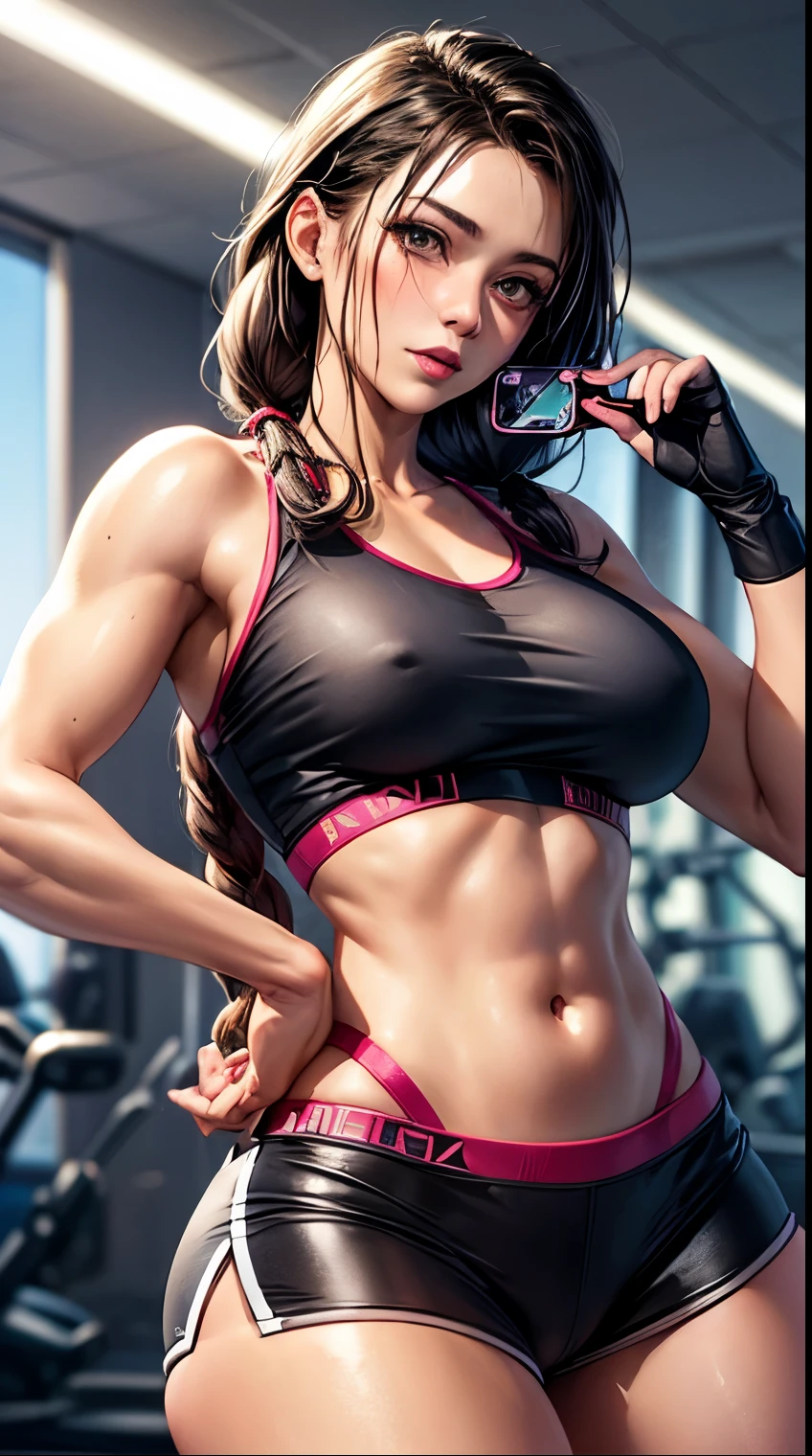 Dreadlocks hair woman, sexy trainer at the gym, red lips, black skirt, dressed like Lara Croft, playing video games, wide shot, --style realistic-imagine --auto --s2-imagine