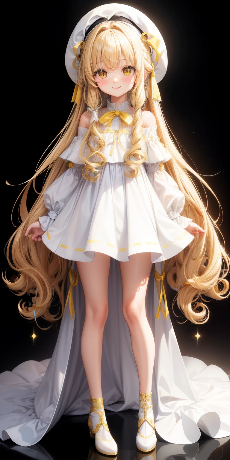 girl、white background、no background、カールしたlong hair、long hair、curly hair、Contrasting bangs、blonde、Yellow-brown hair、Eyes are sparkling、highlight、white off shoulder dress、white long dress、Hide legs、a large ribbon on the head、beret、All are displayed、blush、smile、cute、no background
