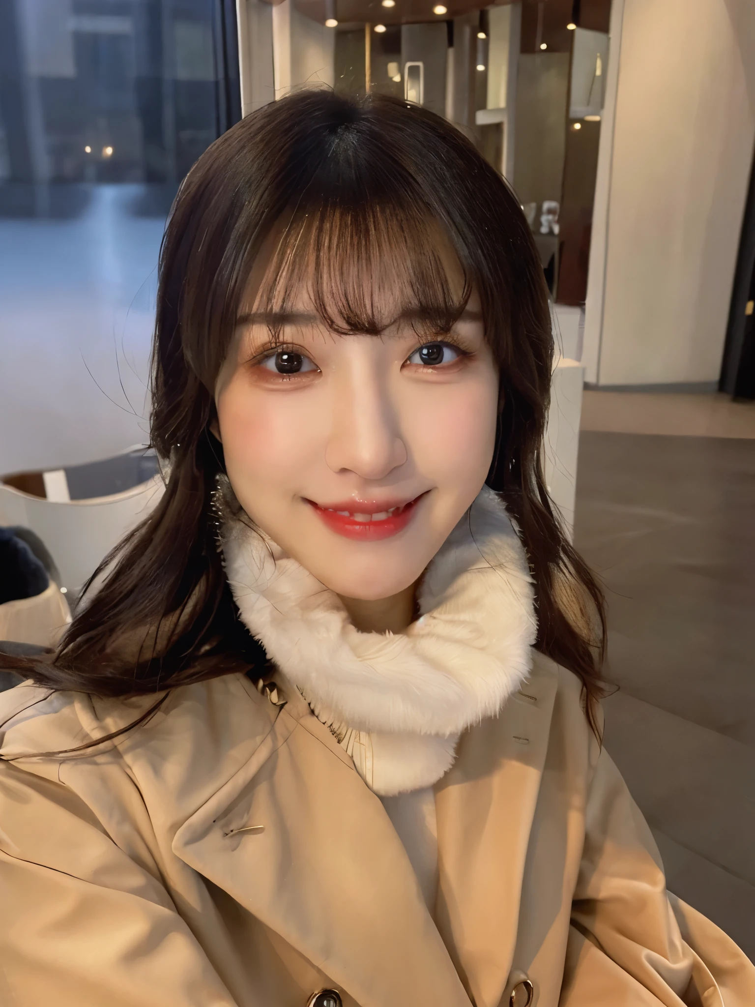 (masterpiece:1.3)、 (8K、photorealistic、Live shooting、Highest image quality:1.4)、Japan girl at 18 years old、sharp focus:1.2、highest quality、masterpiece、ultra high resolution、(From a little above:1.5)、Looking at Viewer、shiny skin、real、dynamic pose、slender、(Sorry face:1.1)、 cute woman:1.4、(medium long hair)、light brown hair、(big :1.3)、(cleavage)、super detail face、eye for detail、double eyelid、solo、Wearing a fluffy knit、Beige coat、Upper body、medium bust、