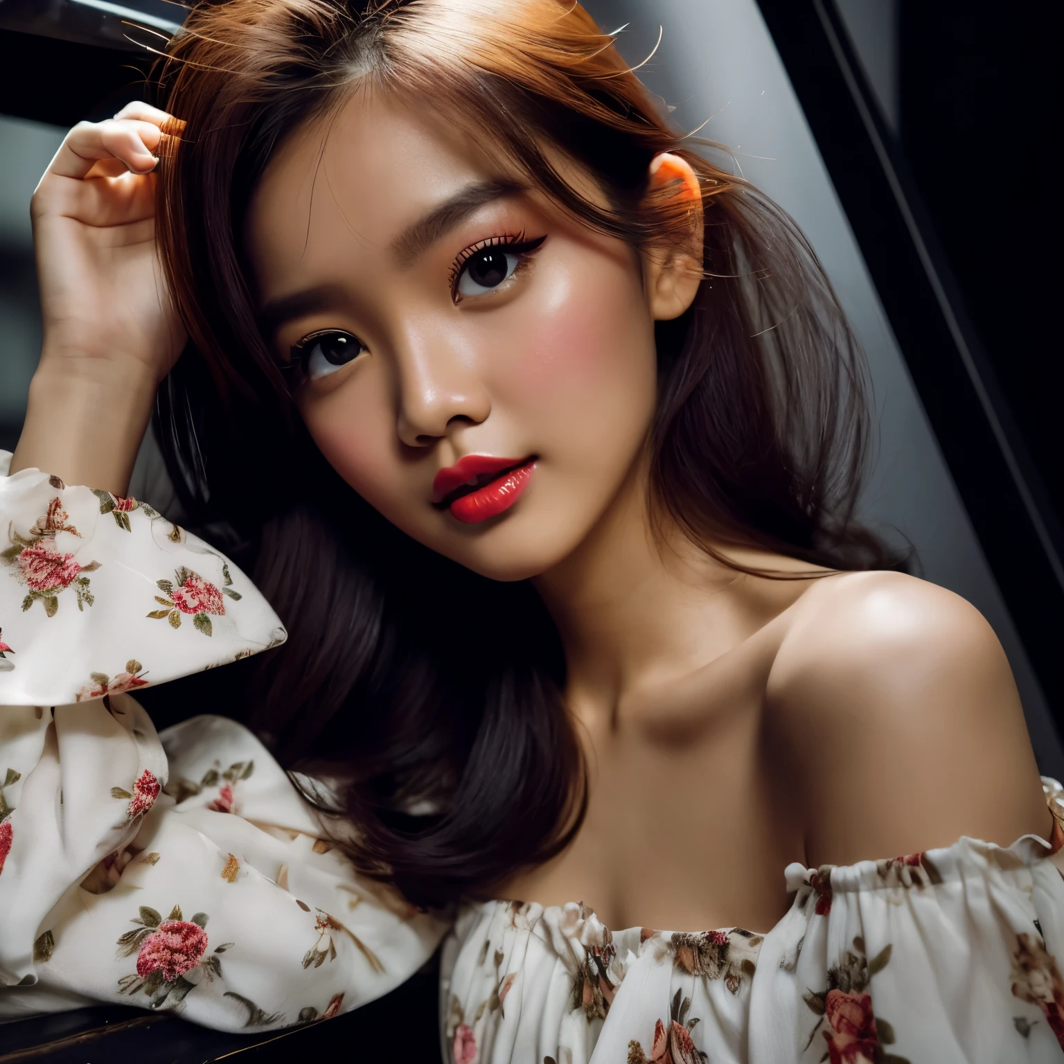 hyper realistic photography, dramatic shade, studio lighting, top dutch angle, an expressive indonesian cute girl stylish 20 years, shine eyes with cuteness, jisoo blackpink type looks with stylish brown hair, wear white floral dress stylish open shoulder, cleavage shown, big breast, expressive, facial detail, bright big eyes on camera, pore moist natural white shiny radiant skin, good makeup, blushy cheeks, red lips, good eye makeup, cinematic, Fujifilm XF 56mm f/1.2 R Lens. HDR10 8K
