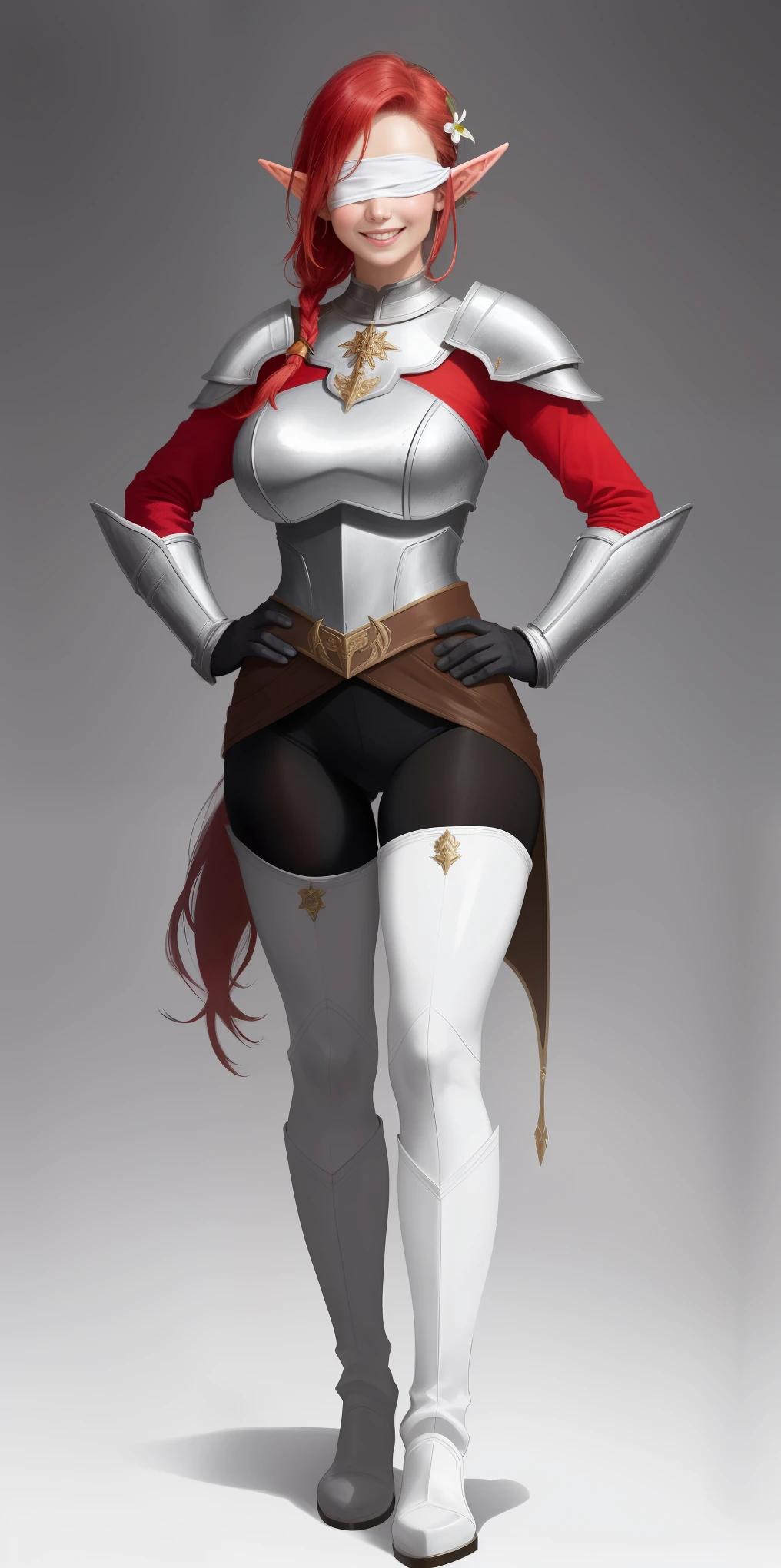 red tinted hair,White armor,long black glovelack pantyhoses, Handsome standing with white boots, (elf), (1girl), solo, sparkling, (hair flower), realistic, Blindfolded, hands on hips, pony tail, huge breast, huge boob, tall, blush, smirkking lustful smile, hands on hips