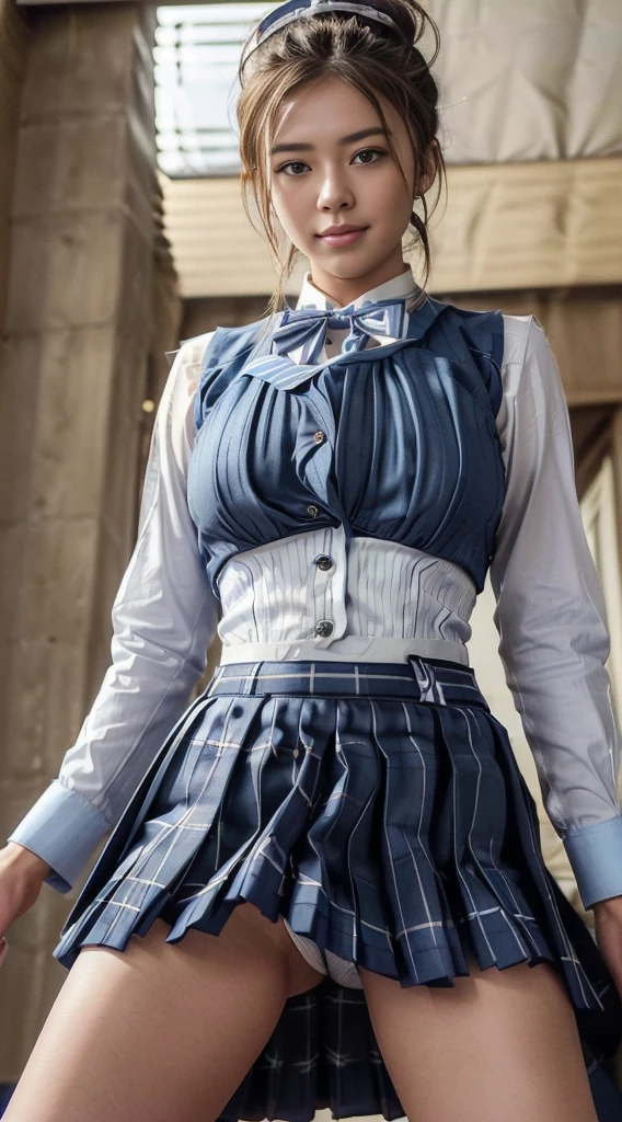 (highest quality,4K,8K,High resolution,masterpiece:1.2),Super detailed,(genuine,genuineistic,genuineistic:1.37)、Japanese female one person、Transcendently beautiful、((24-years-old))、(((smile)))、((She has her legs spread and the hem of her skirt moves:1.4))、(show me her white panties:1.2)、((It&#39;s blonde hair))((Black hair around the hairline:1.2))、((One bun hair:1.2))、((navy blue cloth vest:1.25))、((Short pleated skirt in dark blue:1.4))、((White long sleeve cutter shirt:1.25))、((Warm colored tartan check ribbon bow tie:1.2))、((Close-up of the  from below:1.45))、looking at the camera、 (A hallway with slot machines on both sides in the background:1.2)、big breasts、