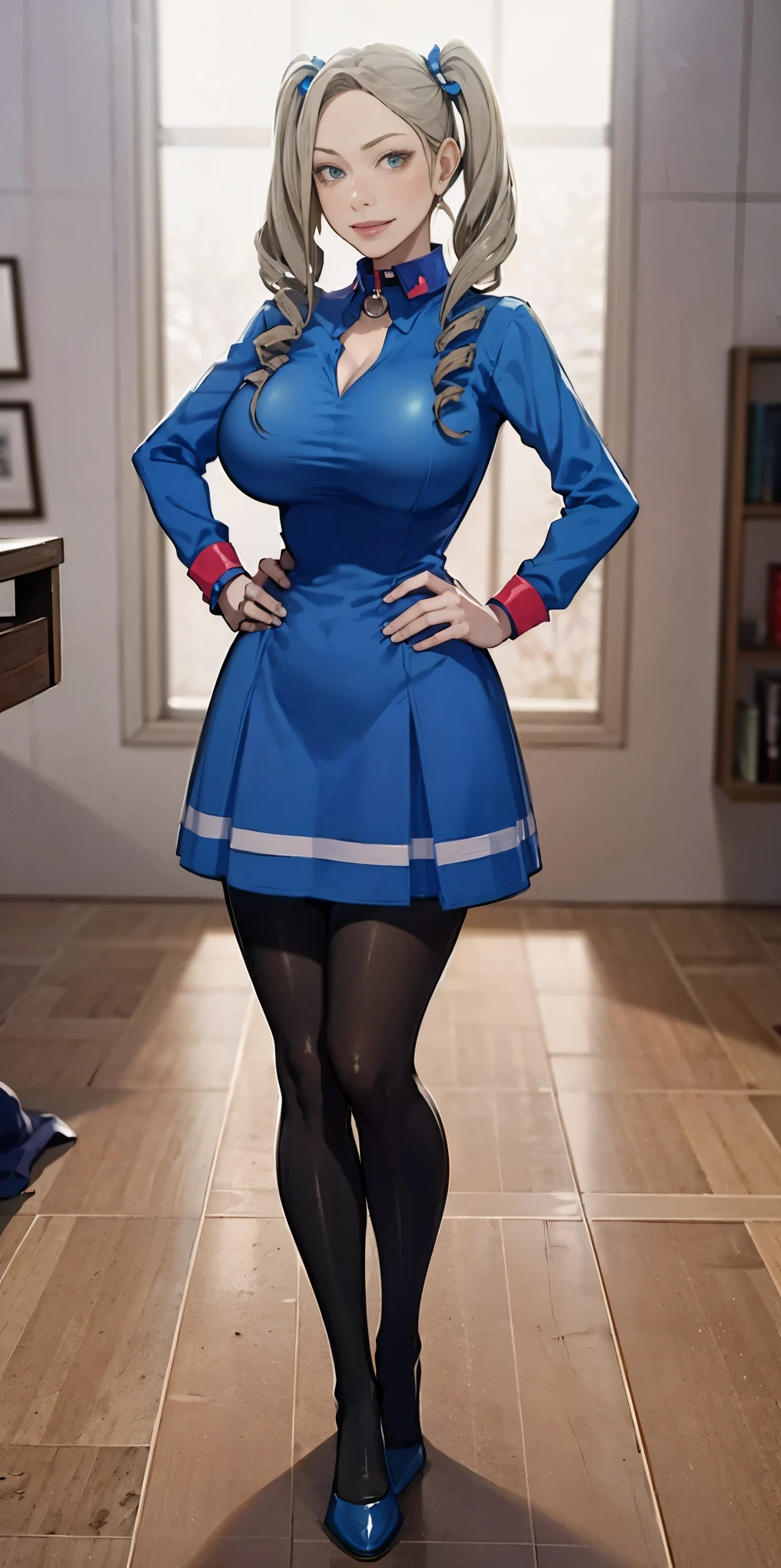 full body standing straight symmetrical, huge boob(masterpiece, best quality:1.2), cowboy shot, solo, 1MILF, mmplatz, smile, looking at viewer, hands on hips, twintails, twin drills, dress, blue pantyhose, striped pantyhose, Handcuffs on their hands, With a collar around the neck
